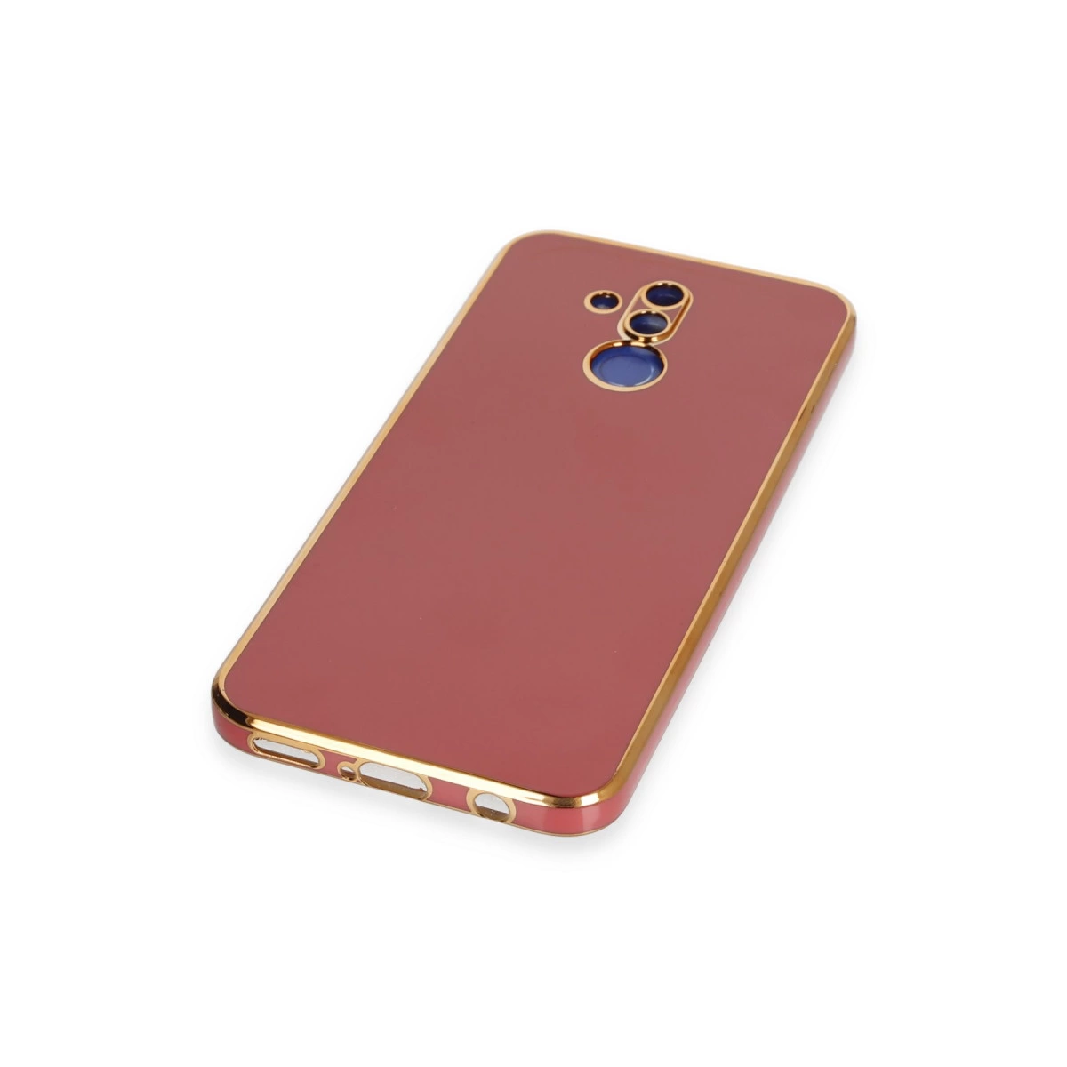Altın kenarlı ve kamera kesimli kırmızı telefon kılıfı.