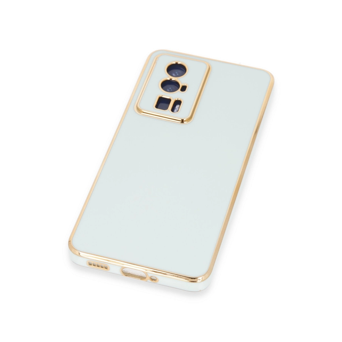 Açık mavi telefon kılıfı, kamera kesimi ve altın kenarlıklı.