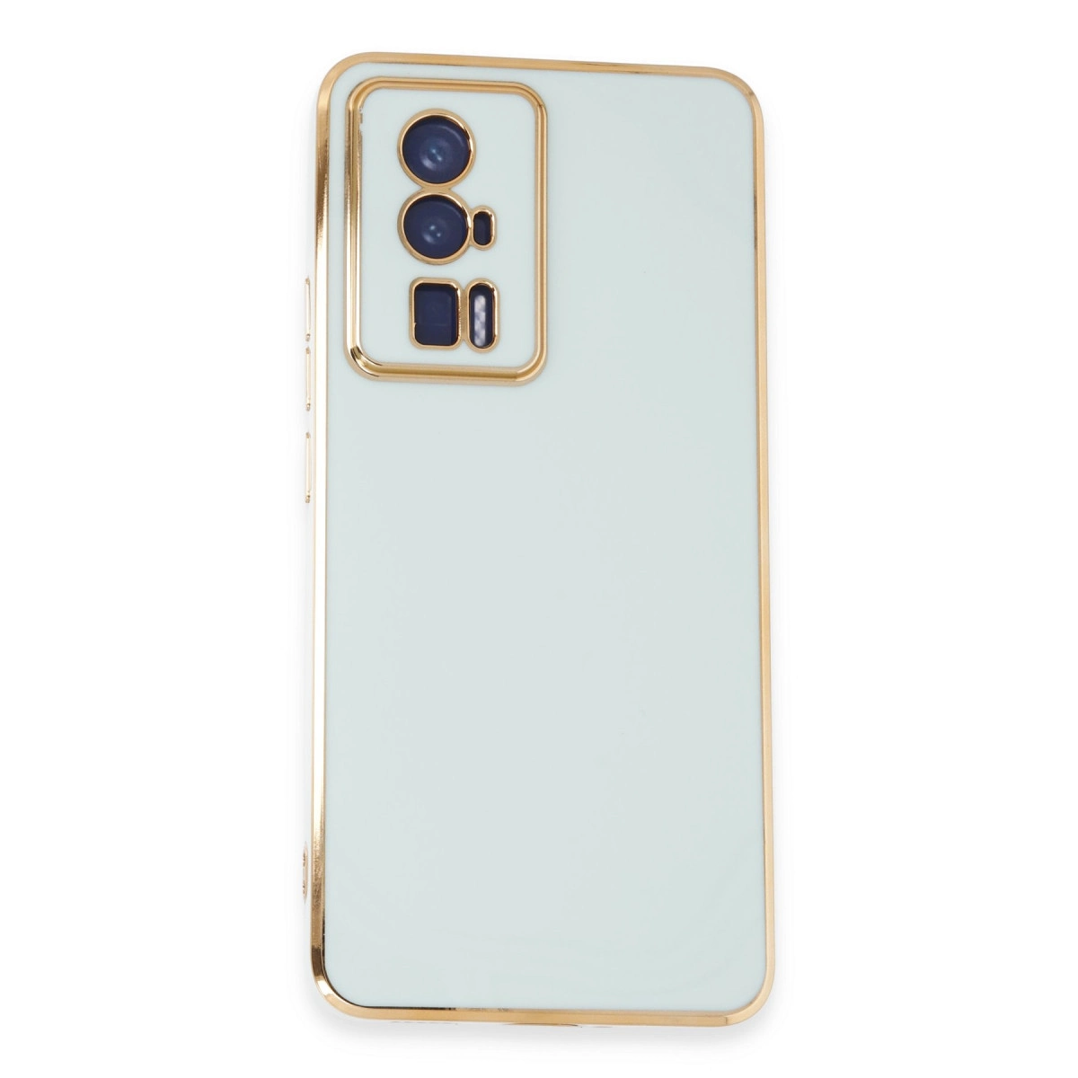 Altın çerçeveli ve kamera modüllü açık mavi telefon kılıfı.