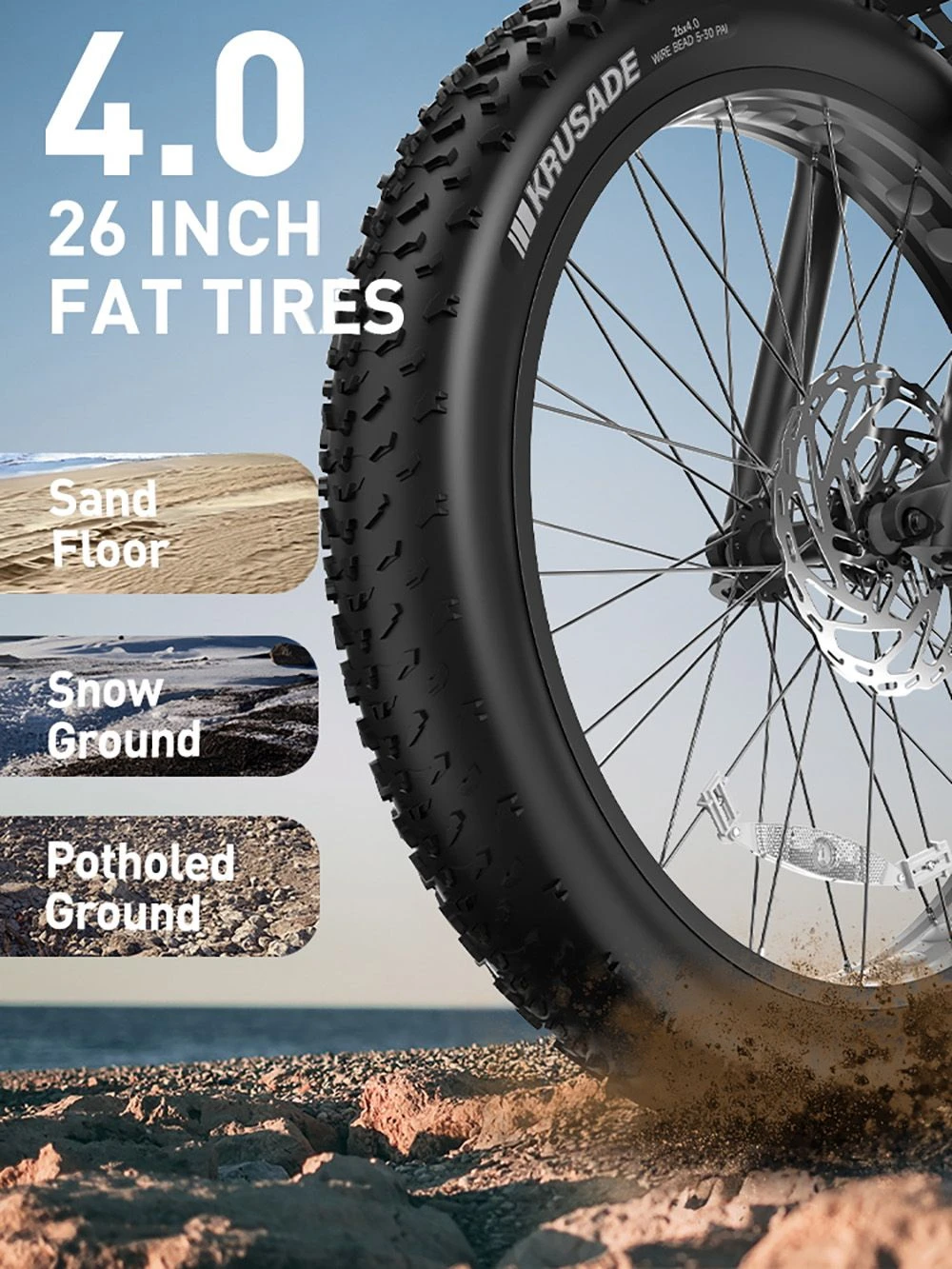 Uno pneumatico Krusade da 26 pollici per fat bike su terreno accidentato.