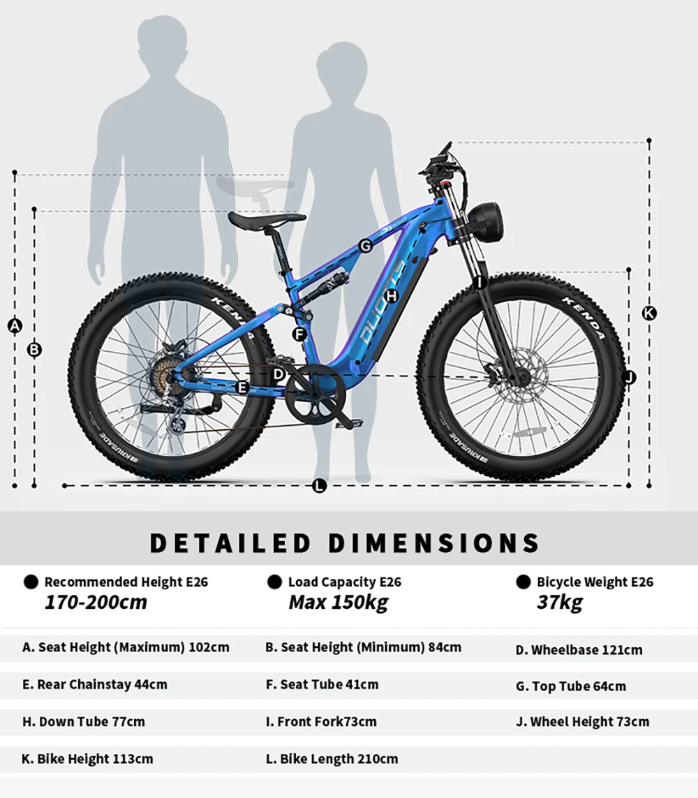 Bici elettrica blu con dettagli di dimensioni e peso, accanto a sagome.