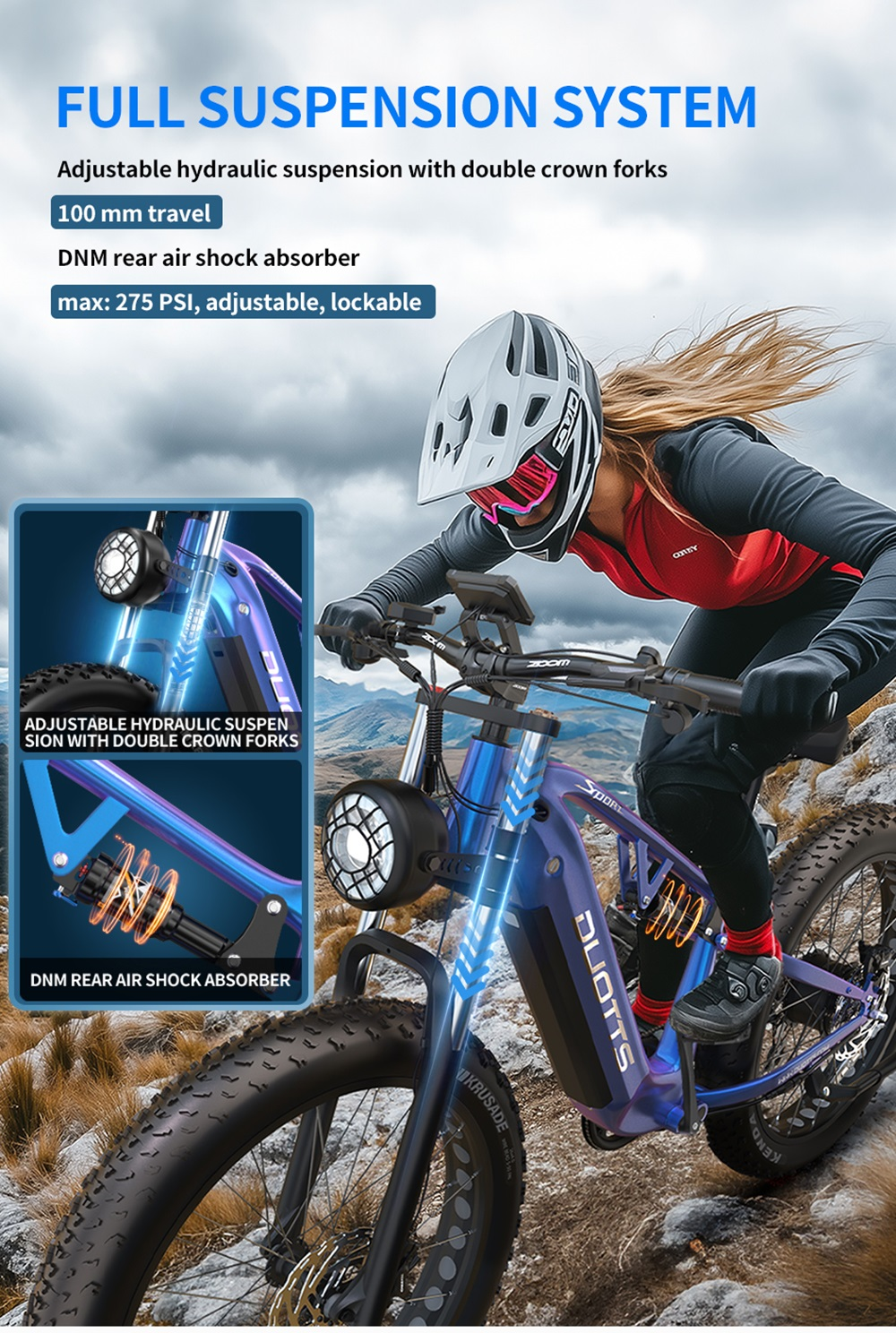 Una donna guida una e-fat bike blu full-suspension su terreno roccioso e montuoso.