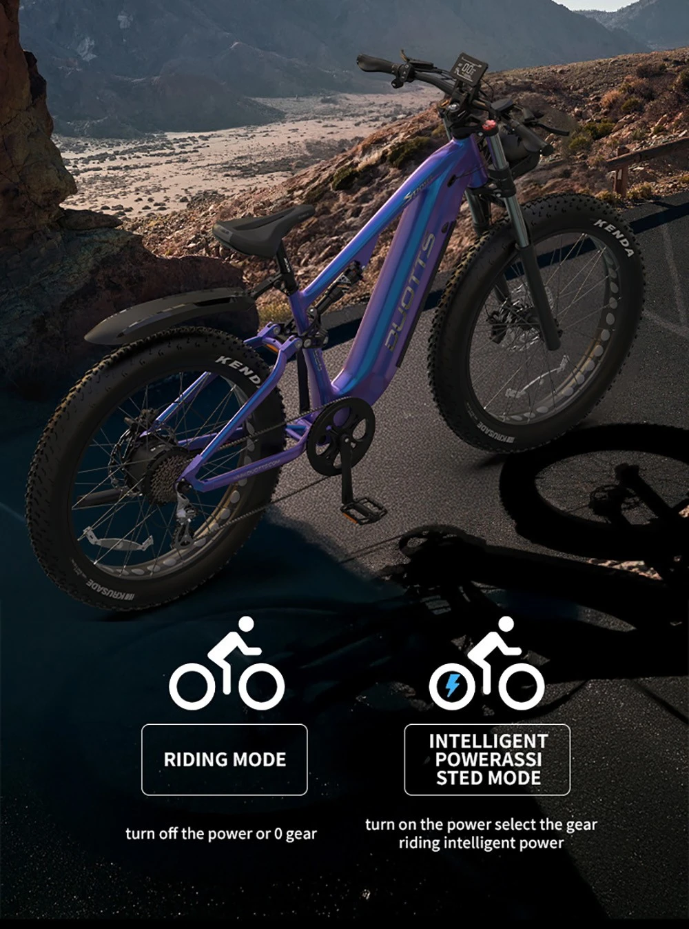 Una e-bike viola con pneumatici grassi si trova su una strada con montagne sullo sfondo.