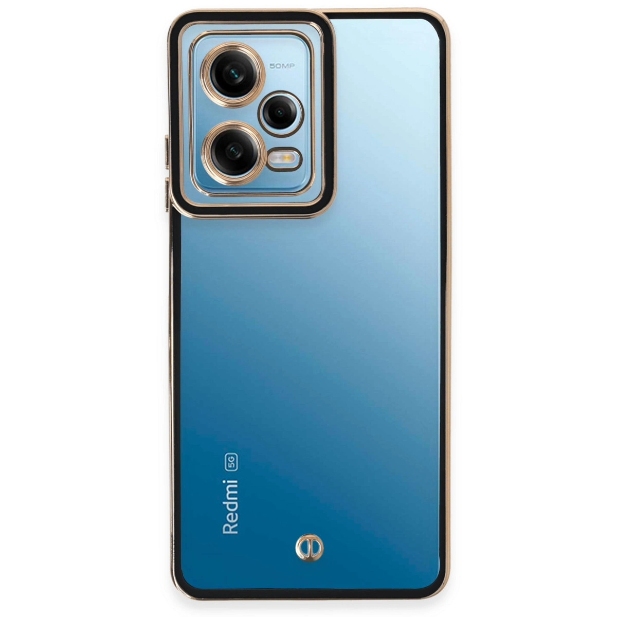 Mavi telefon, kamera modülü ve altın çerçevesi beyaz zeminde duruyor.