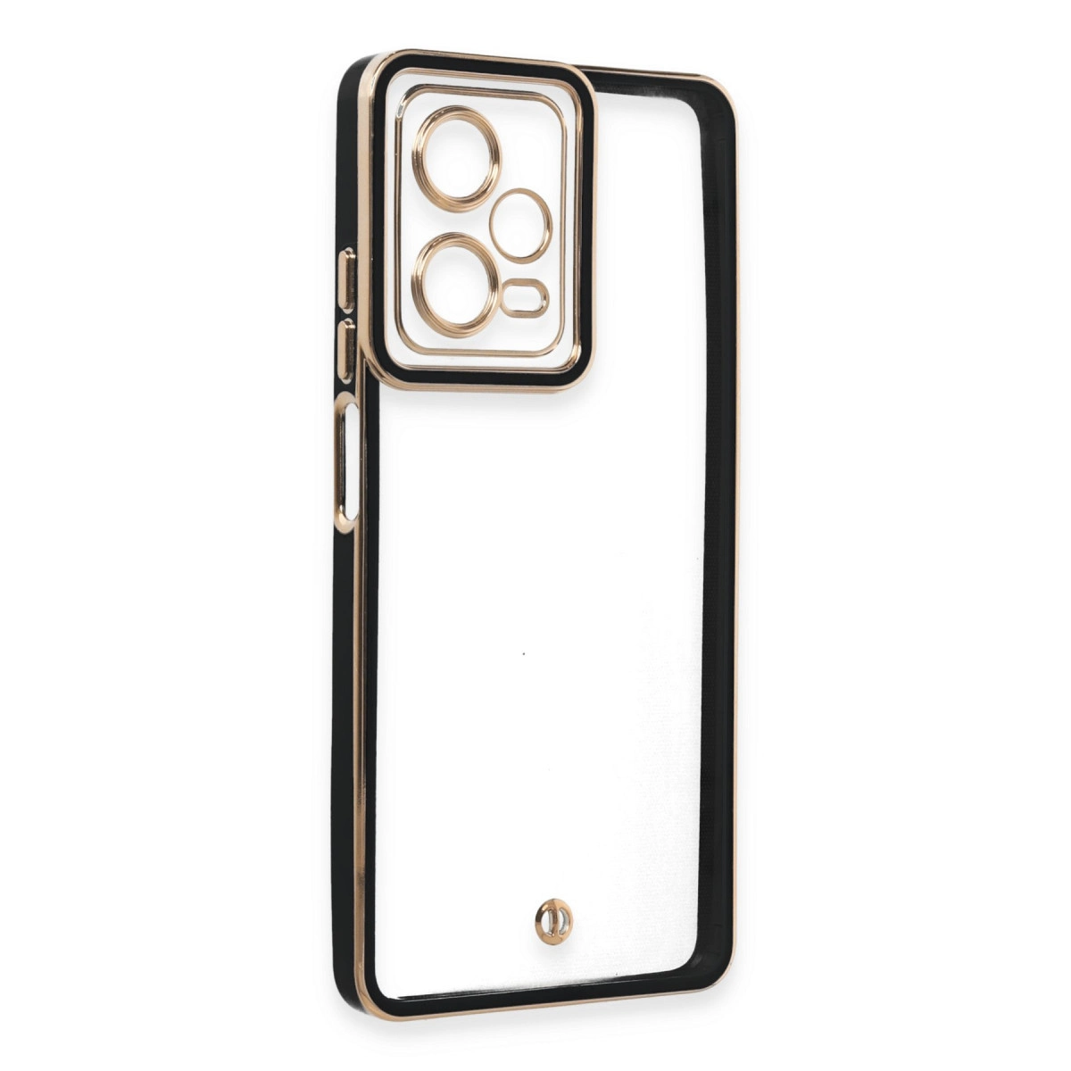 Siyah ve altın kenarlıklı şeffaf telefon kılıfı. Altın halkalı kamera alanı. Altta küçük altın logo.