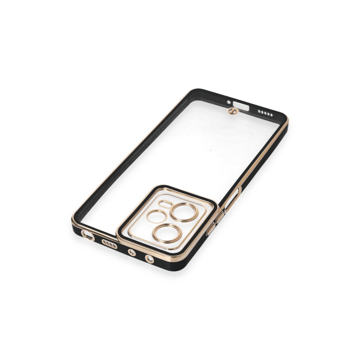 Siyah ve altın kenarlı şeffaf telefon kılıfı.