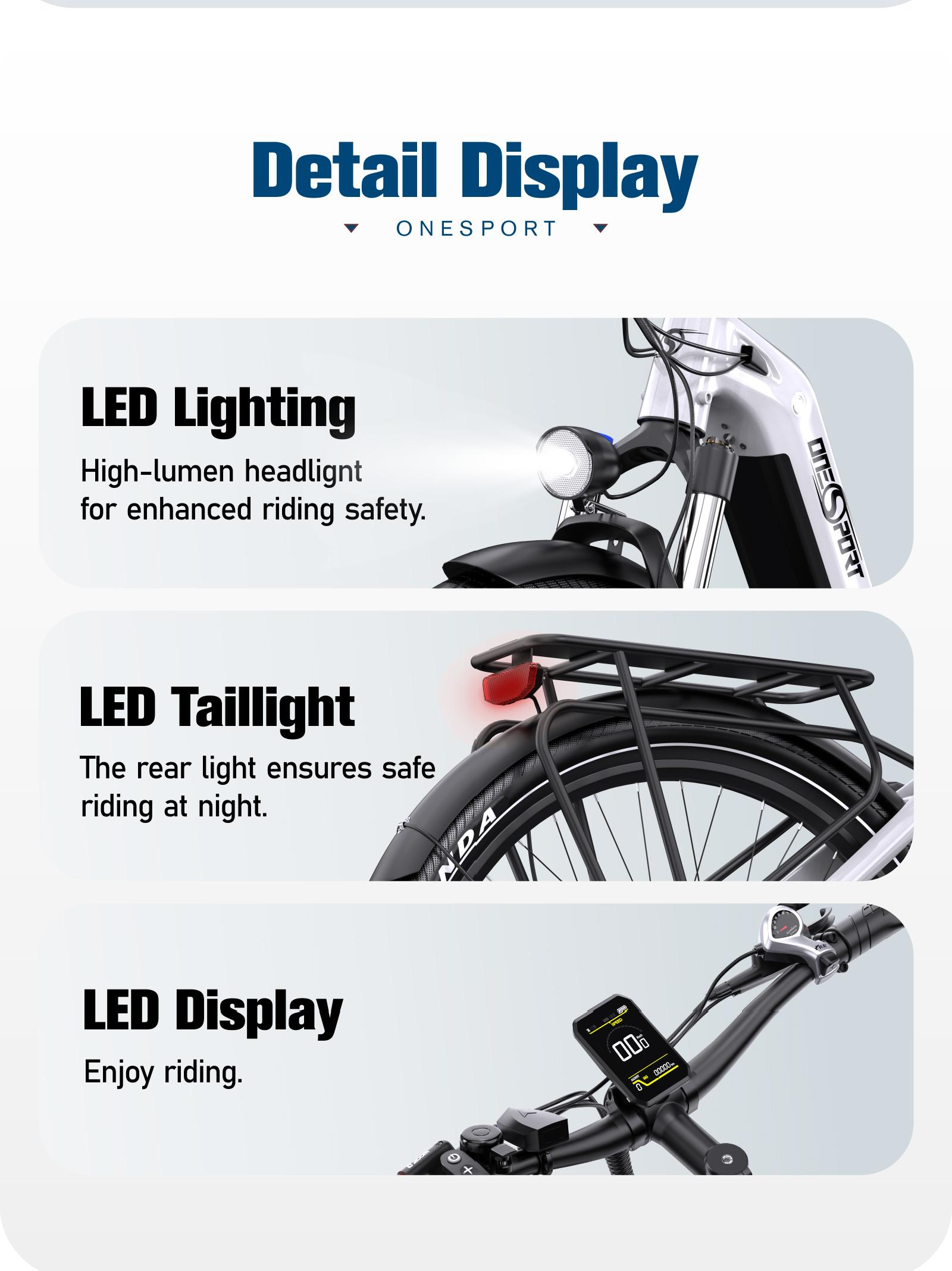 Dettagli di una bicicletta: illuminazione a LED, fanale posteriore e display.