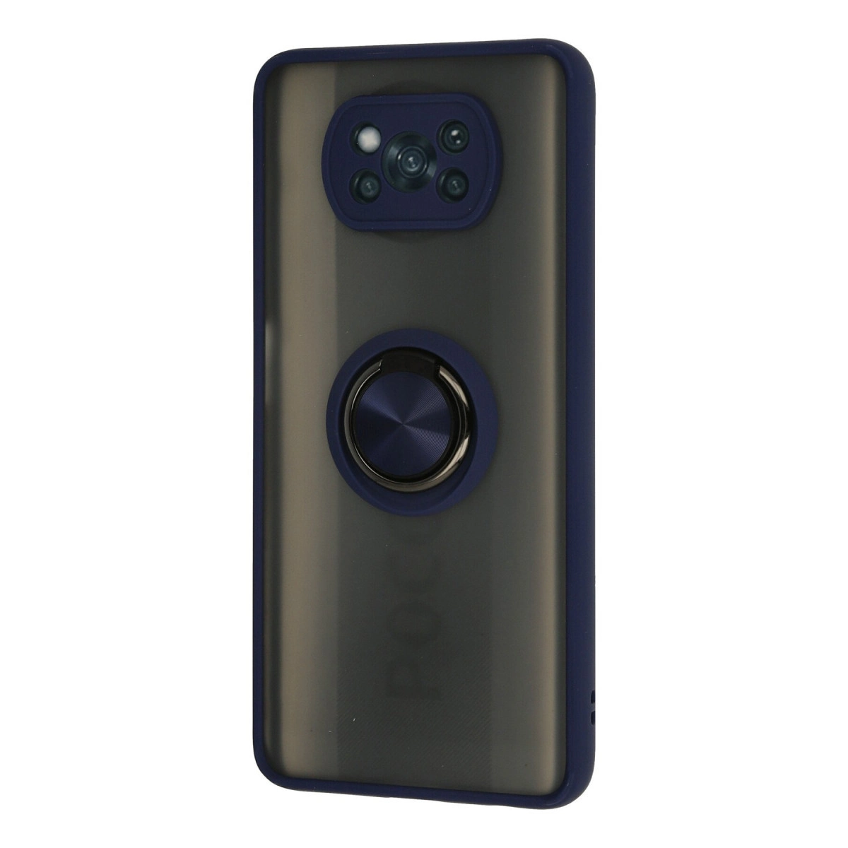 Halka tutuculu ve koyu kamera modüllü lacivert telefon kılıfı.