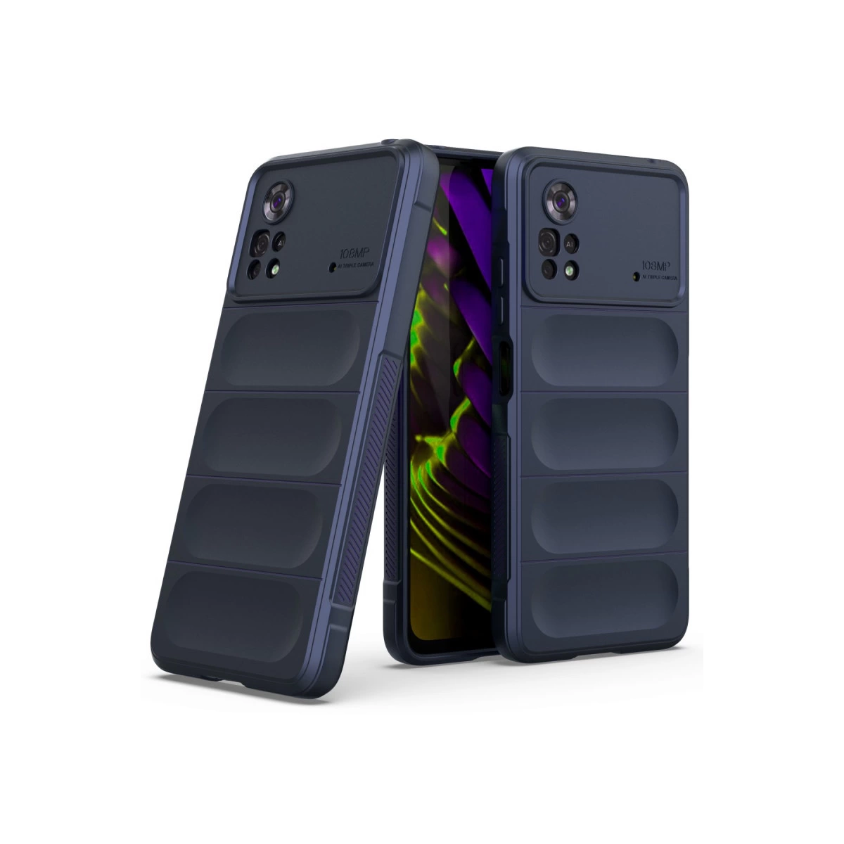 Dokulu panelleri ve kamera kesikleri olan iki koyu mavi telefon kılıfı, biri açılı.