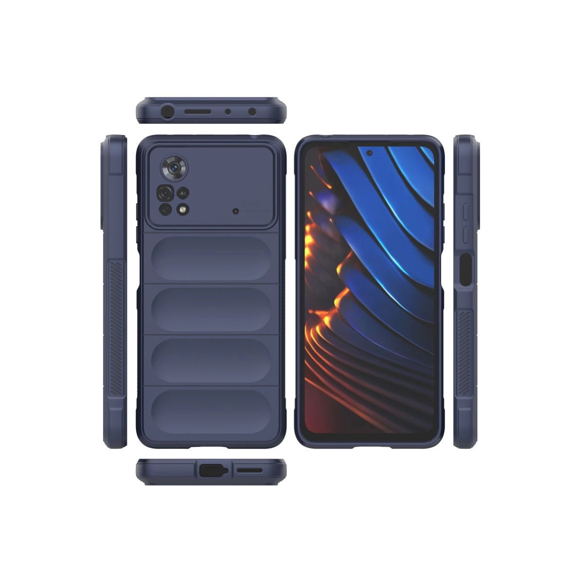 Çoklu açılardan gösterilen, kılıflı koyu mavi bir telefon.