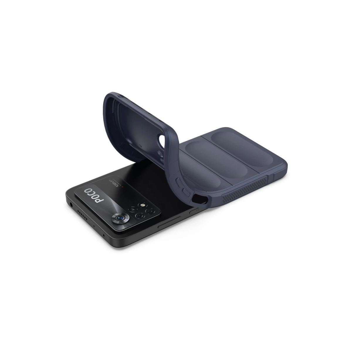 Koyu mavi telefon kılıfı, siyah bir akıllı telefonun üzerinde kısmen duruyor.