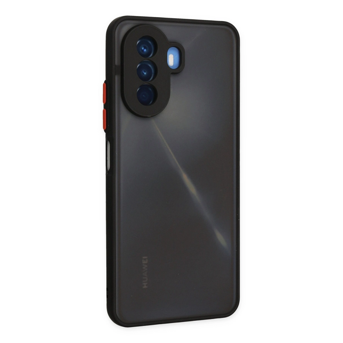 Üçlü kamera ve flaşlı koyu renkli Huawei telefonun arkası.