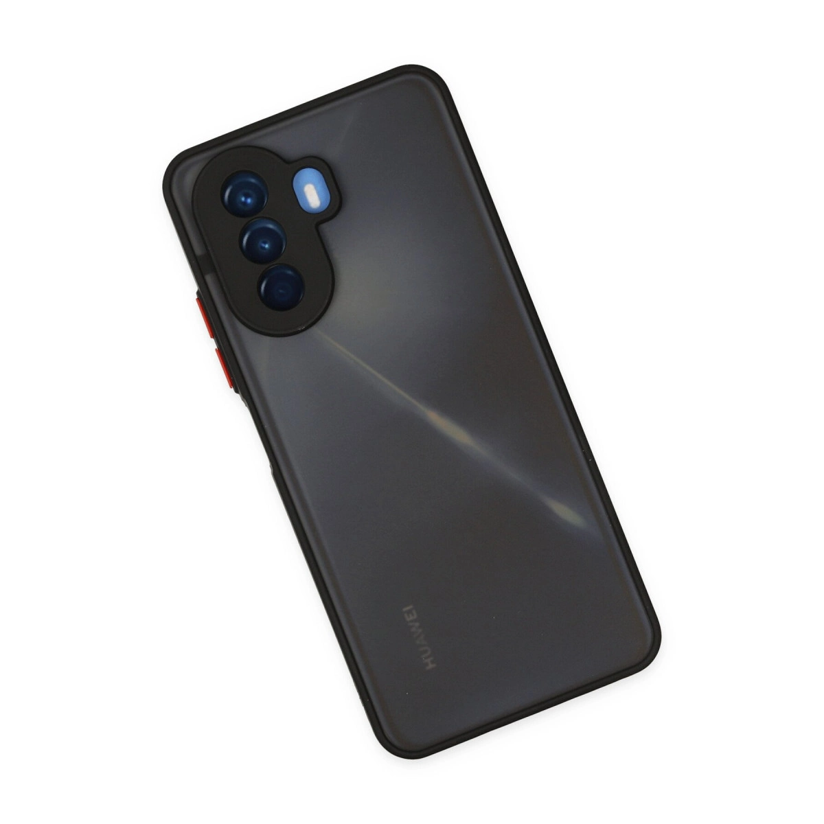 Siyah kamera modülü ve kırmızı düğmeli koyu gri akıllı telefon.