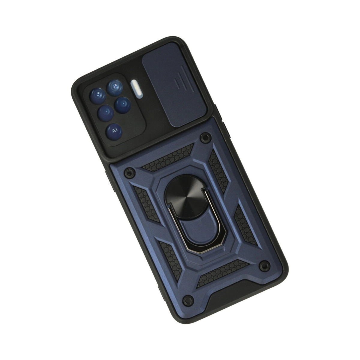 Kamera kapaklı, halka tutuculu, dokulu tasarımlı lacivert telefon kılıfı.