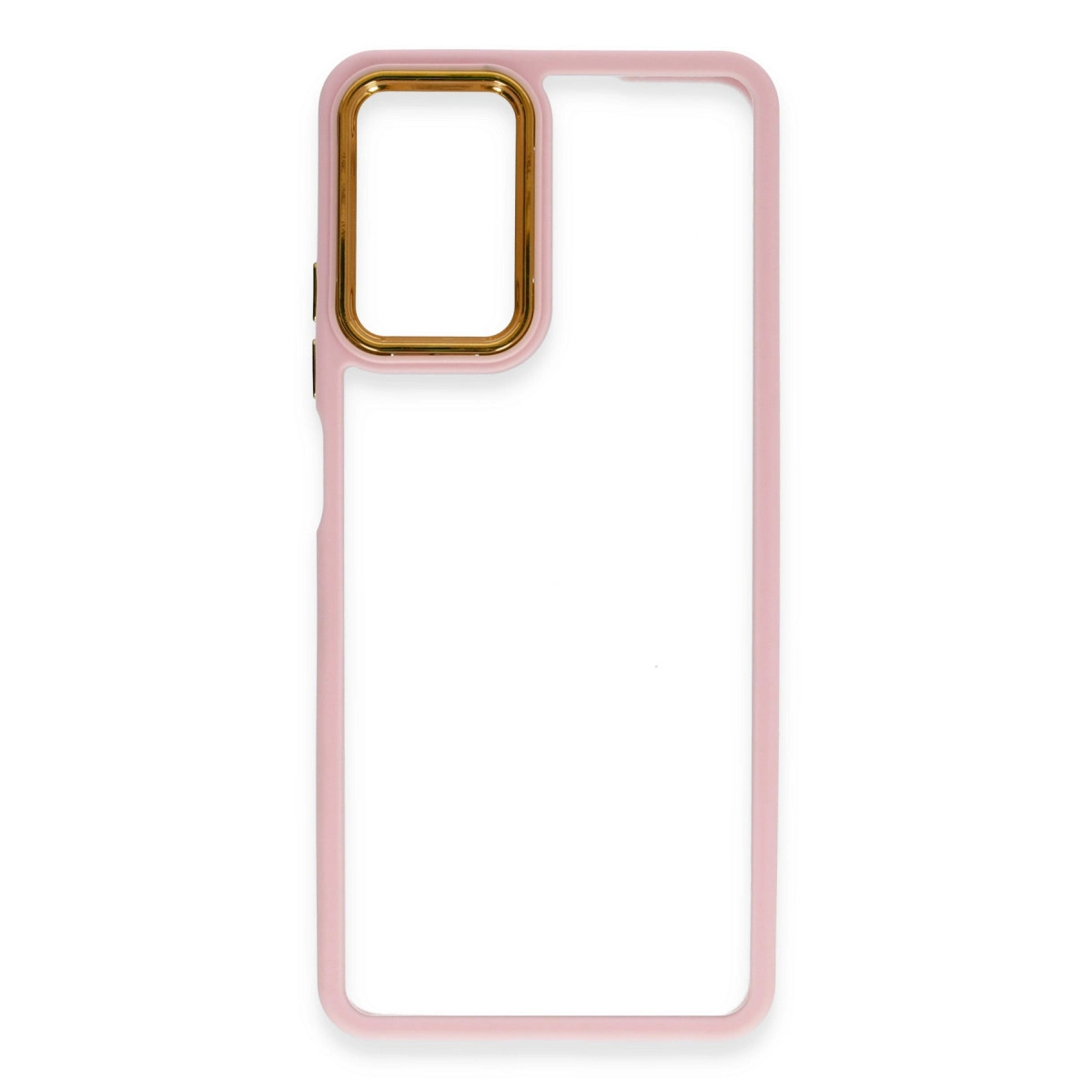 Beyaz arka plan üzerinde altın kamera çerçeveli pembe telefon kılıfı.