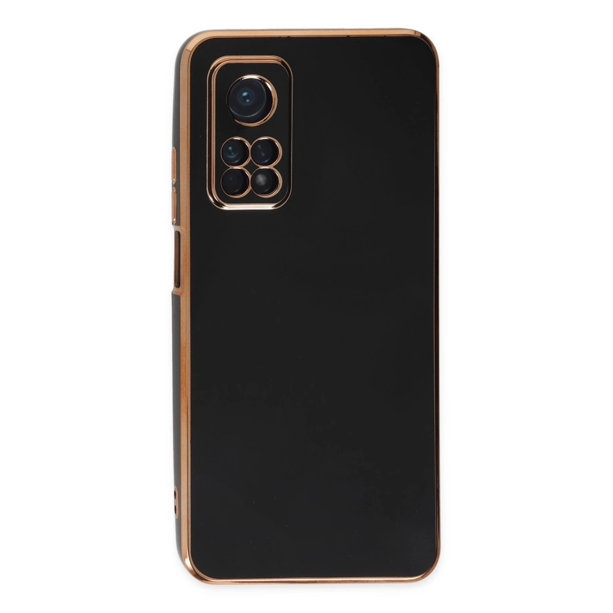 Altın kenarlı, dört kameralı siyah telefon kılıfı.