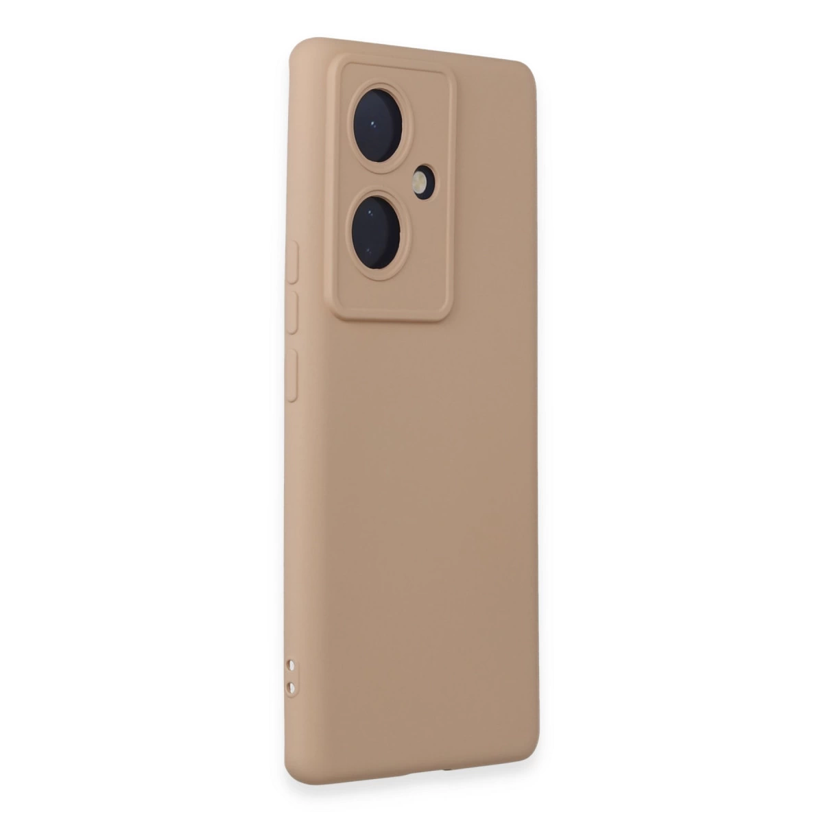 İki kamera lensi ve flaşlı bej telefon kılıfı.