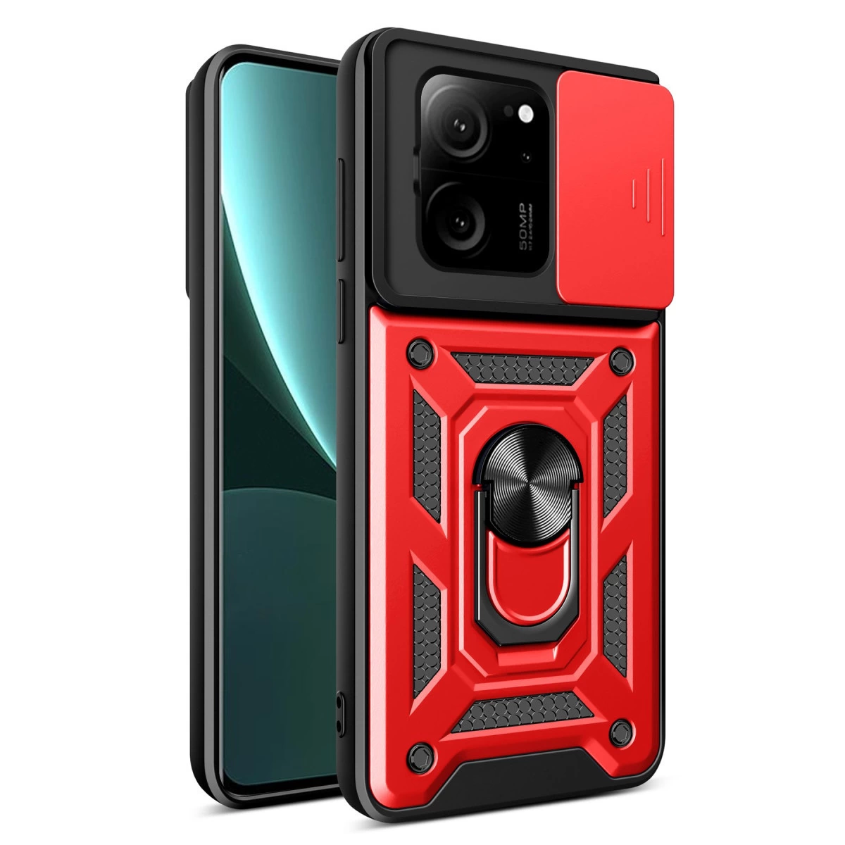 Kamera kapaklı ve halka tutuculu kırmızı ve siyah telefon kılıfı.