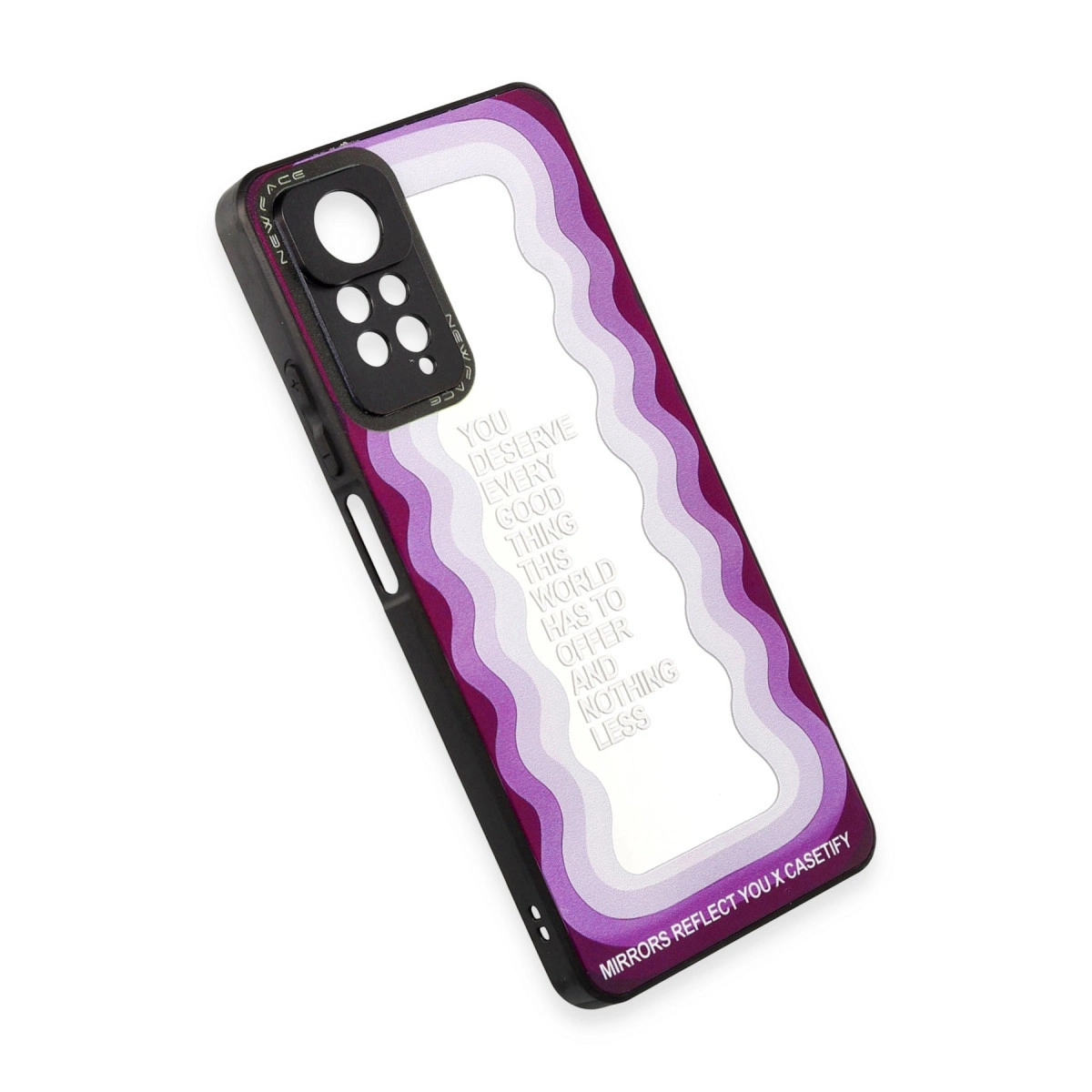 Dalgalı desenli mor telefon kılıfı, 'You deserve every good thing' ve 'Mirrors reflect you x Casetify' yazılı.