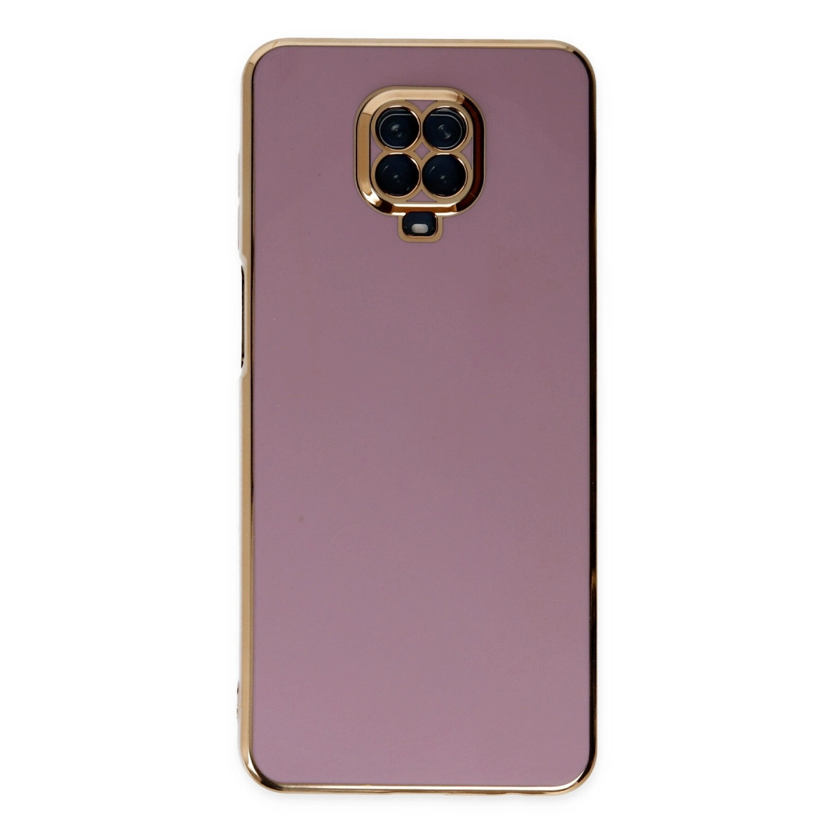 Dört kamera lensli ve altın kenarlı pembe telefon kılıfı.