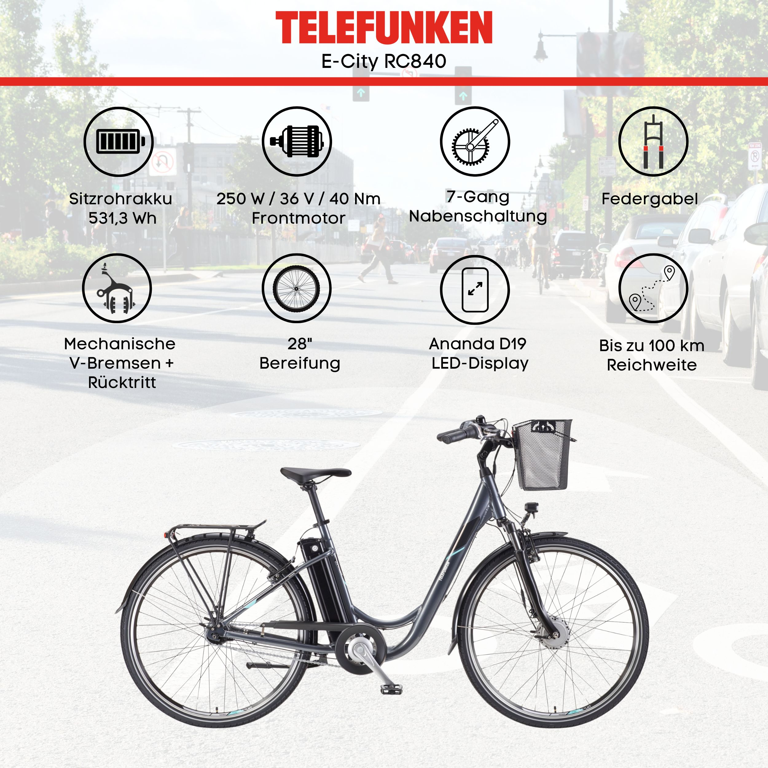 Telefunken E-City RC840 E-Bike mit Akku, Motor, Schaltung, Federgabel und Details.