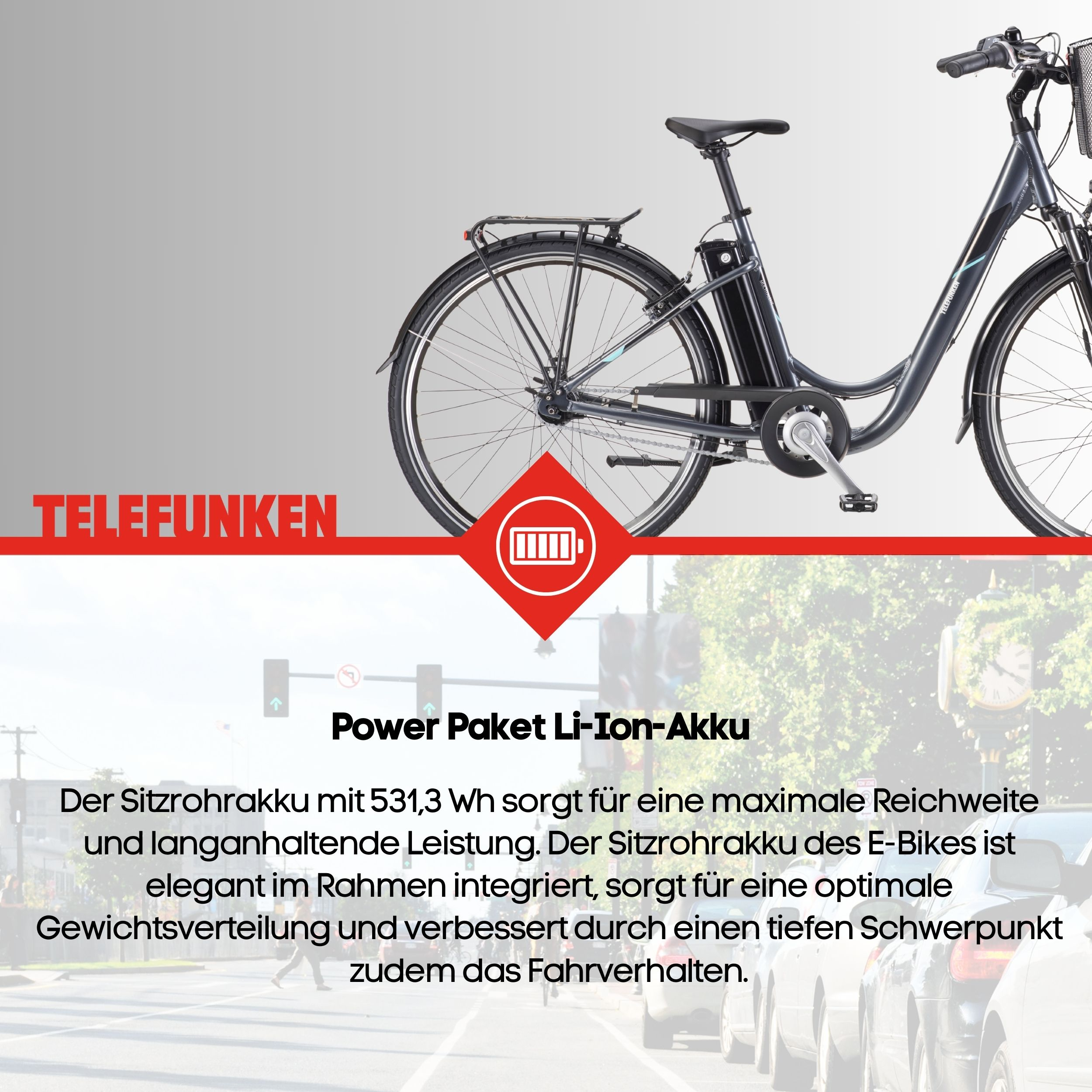 Ein graues E-Bike mit integriertem Akku und Gepäckträger.