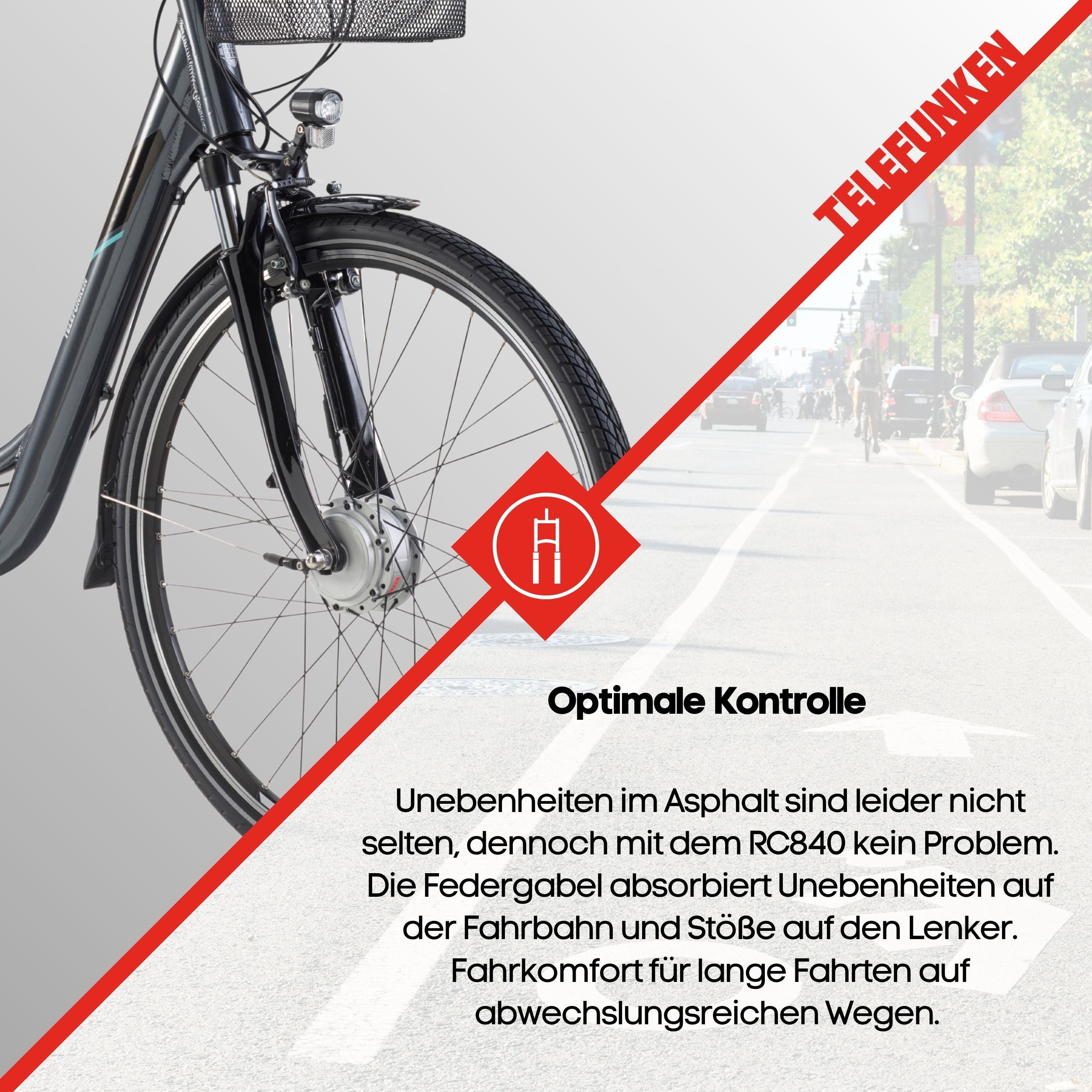 Ein Fahrrad mit Korb und Lampe wird auf einer Straße mit Autos gezeigt.