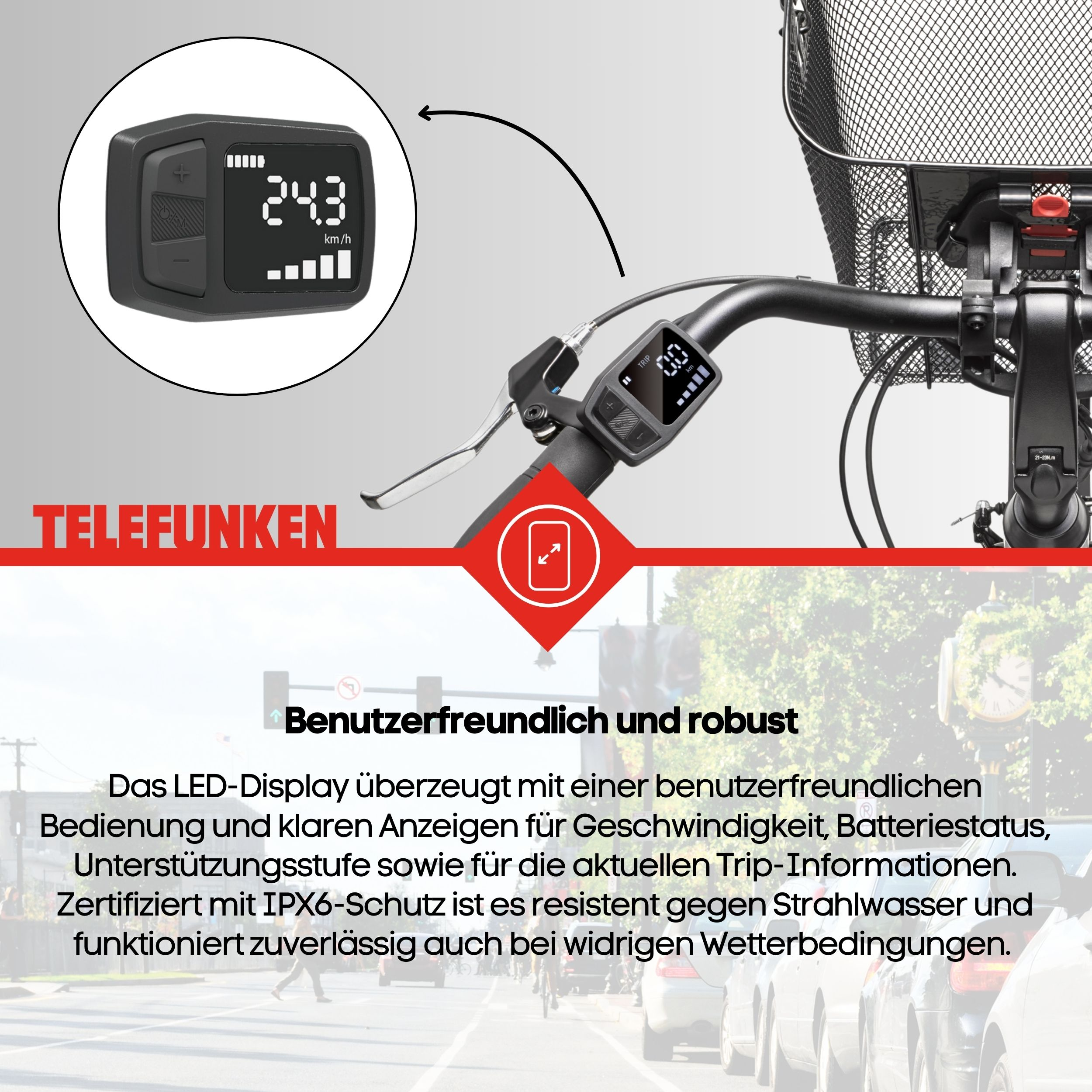 E-Bike-Display mit Geschwindigkeit, Batteriestatus und trip-Info.