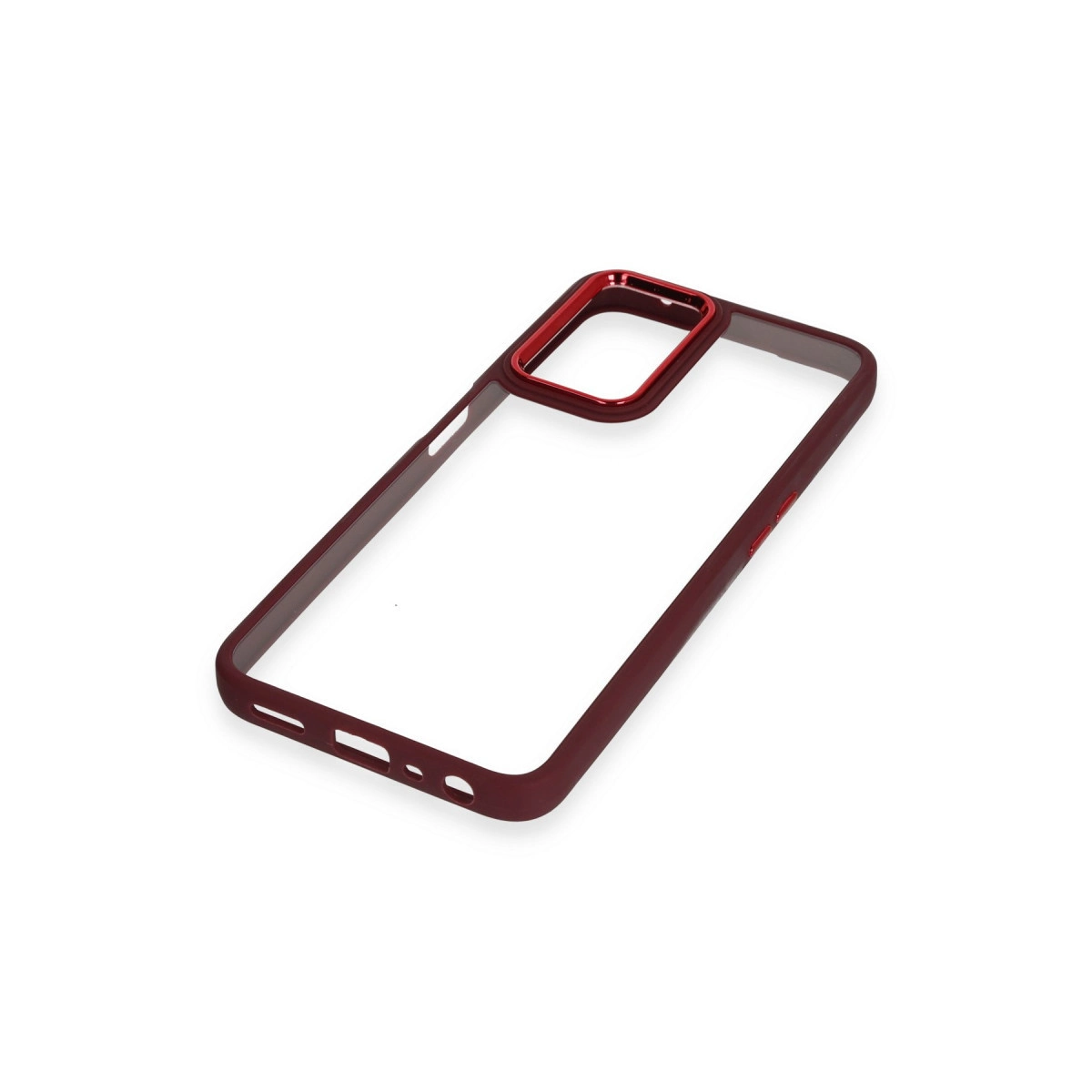 Bordo telefon kılıfı çerçevesi, kırmızı kamera kesimiyle, beyaz zeminde.