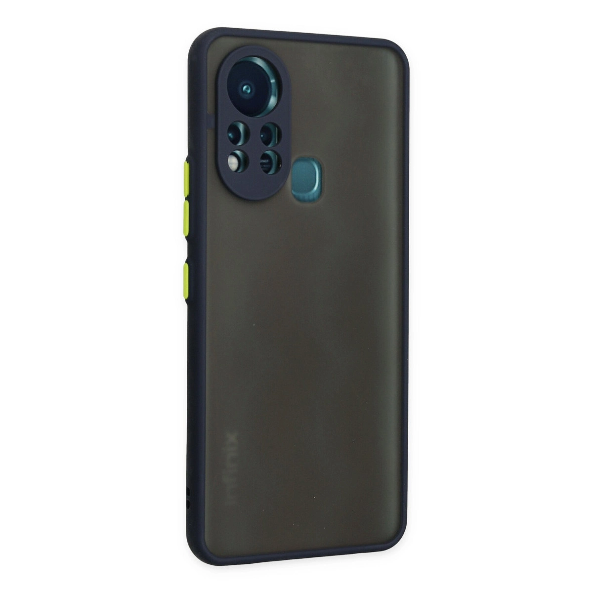 Koyu gri telefon kılıfı, koyu çerçeveli ve belirgin kamera ünitelidir.