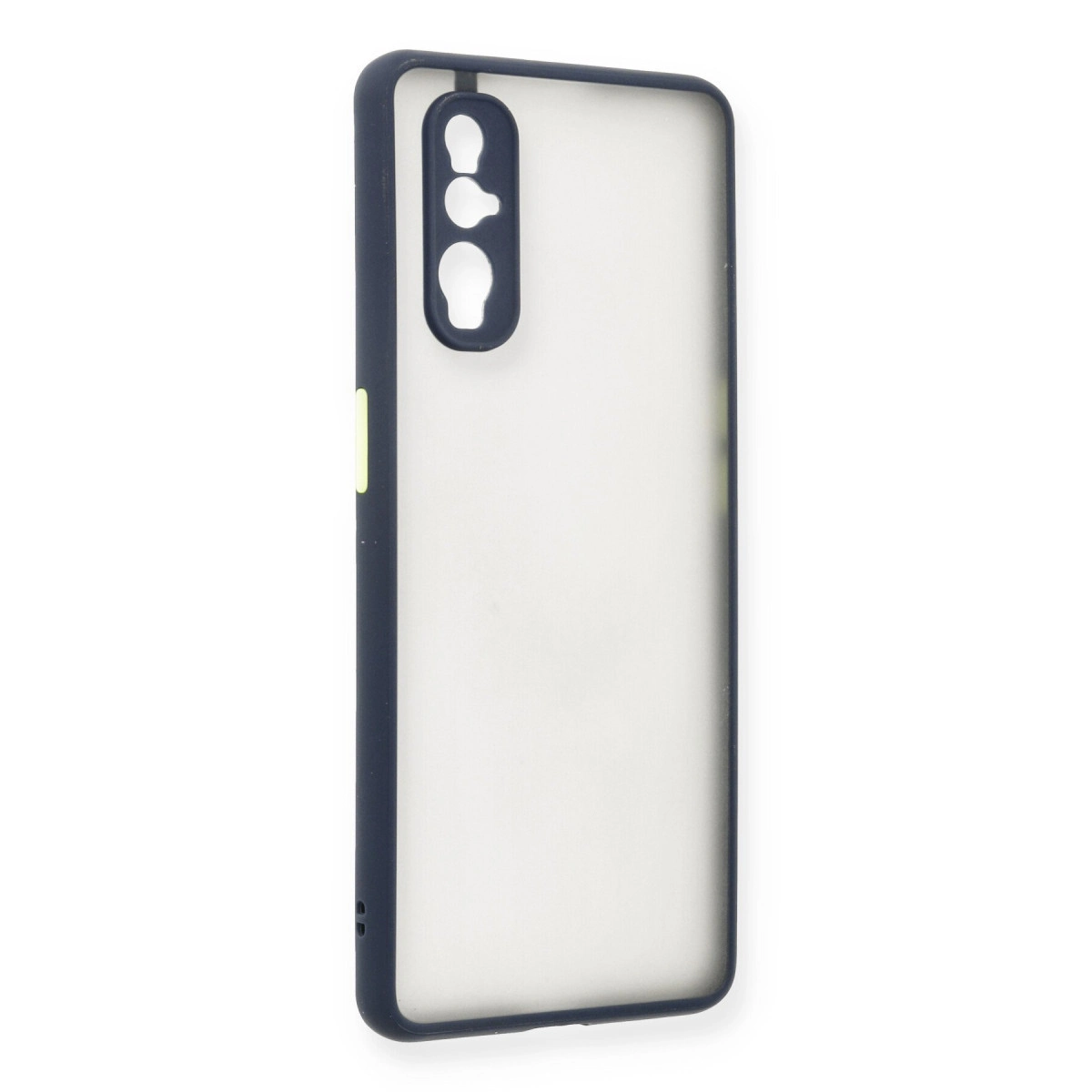 Şeffaf arka ve kamera kesimli koyu mavi telefon kılıfı.