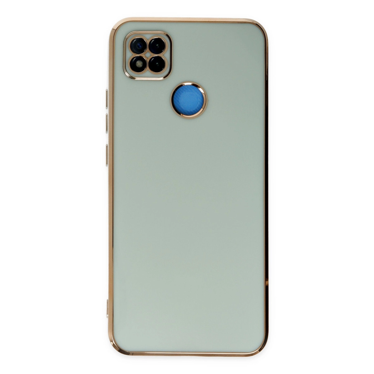 Dört kameralı, mavi halkalı açık yeşil telefon kılıfı.