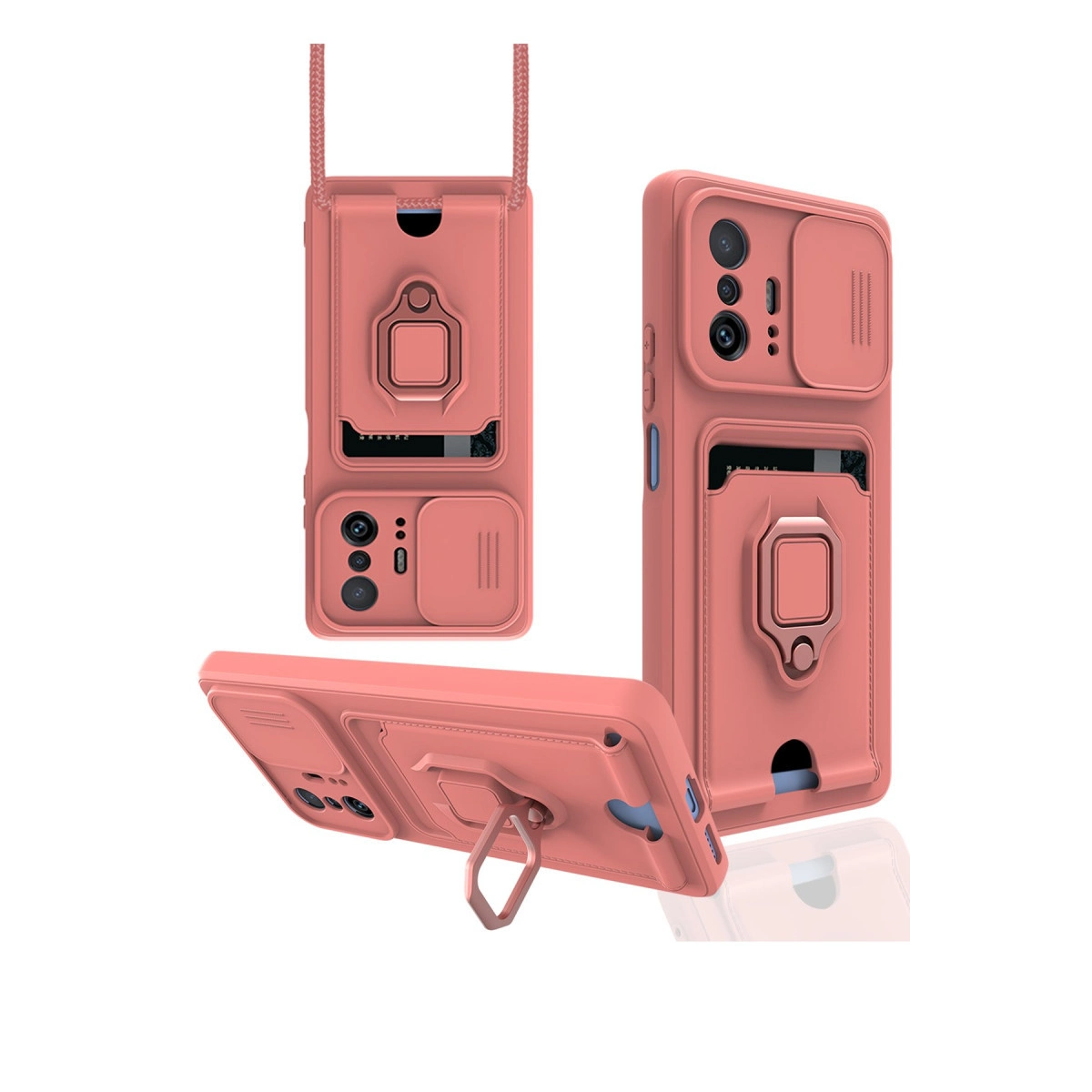 Kart yuvası, halka tutucu ve kayar kamera kapağına sahip mercan pembe telefon kılıfı.