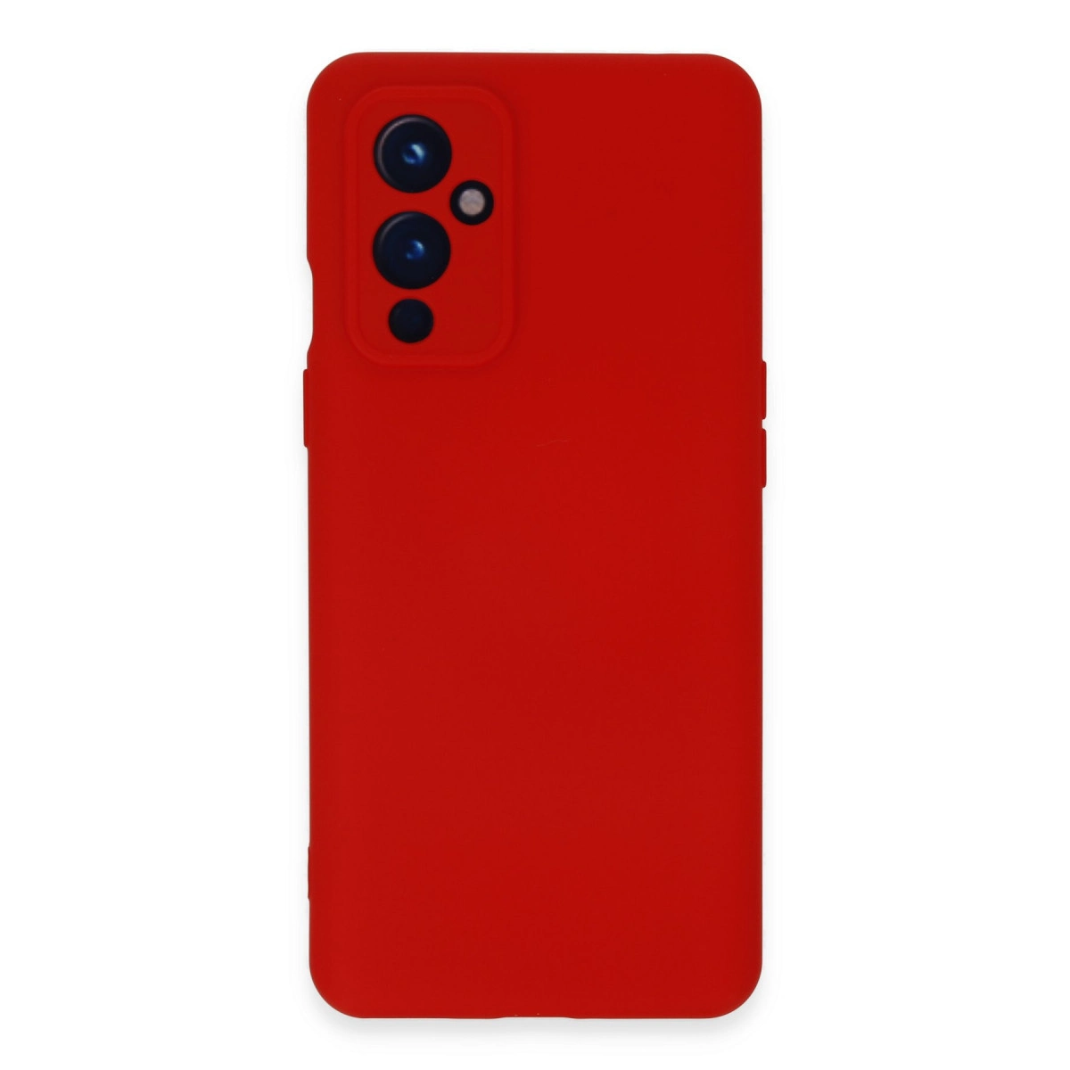 Sol tarafta dikdörtgen kamera modülüne sahip kırmızı telefon kılıfı.