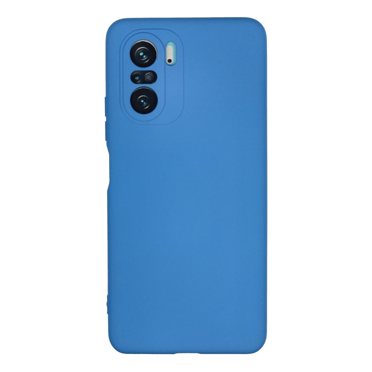 Üçlü kamera ve flaşlı mavi telefon kılıfı.