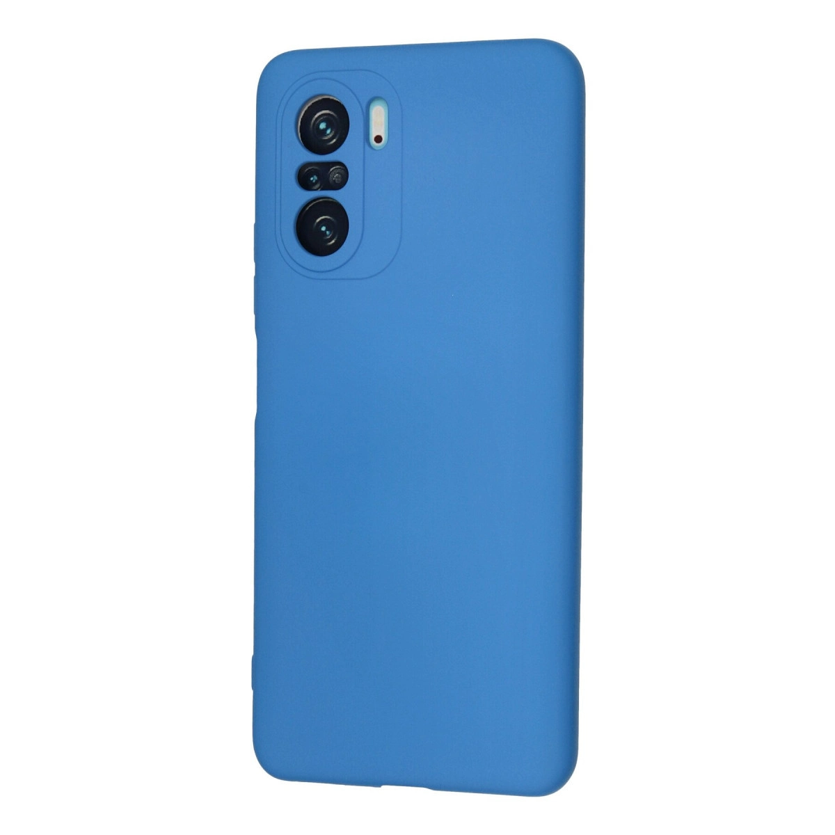 Arkada üçlü kamera ve flaşa sahip mavi telefon kılıfı.