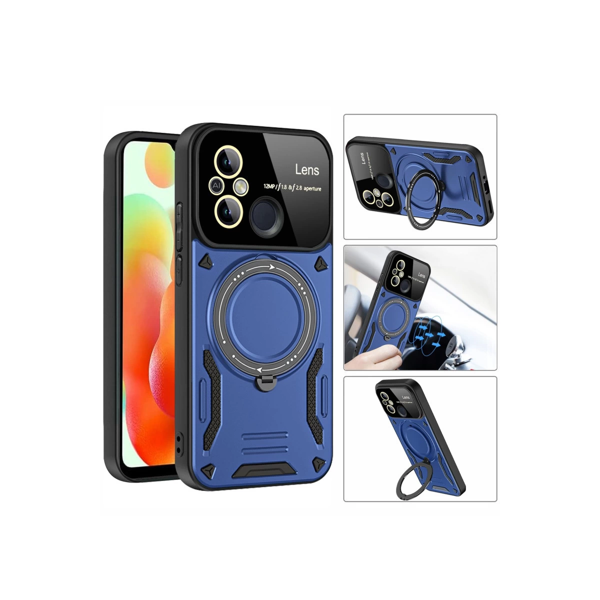 Halka tutuculu mavi telefon kılıfı ve lens kapağı. Araç montaj özelliğini de gösterir.