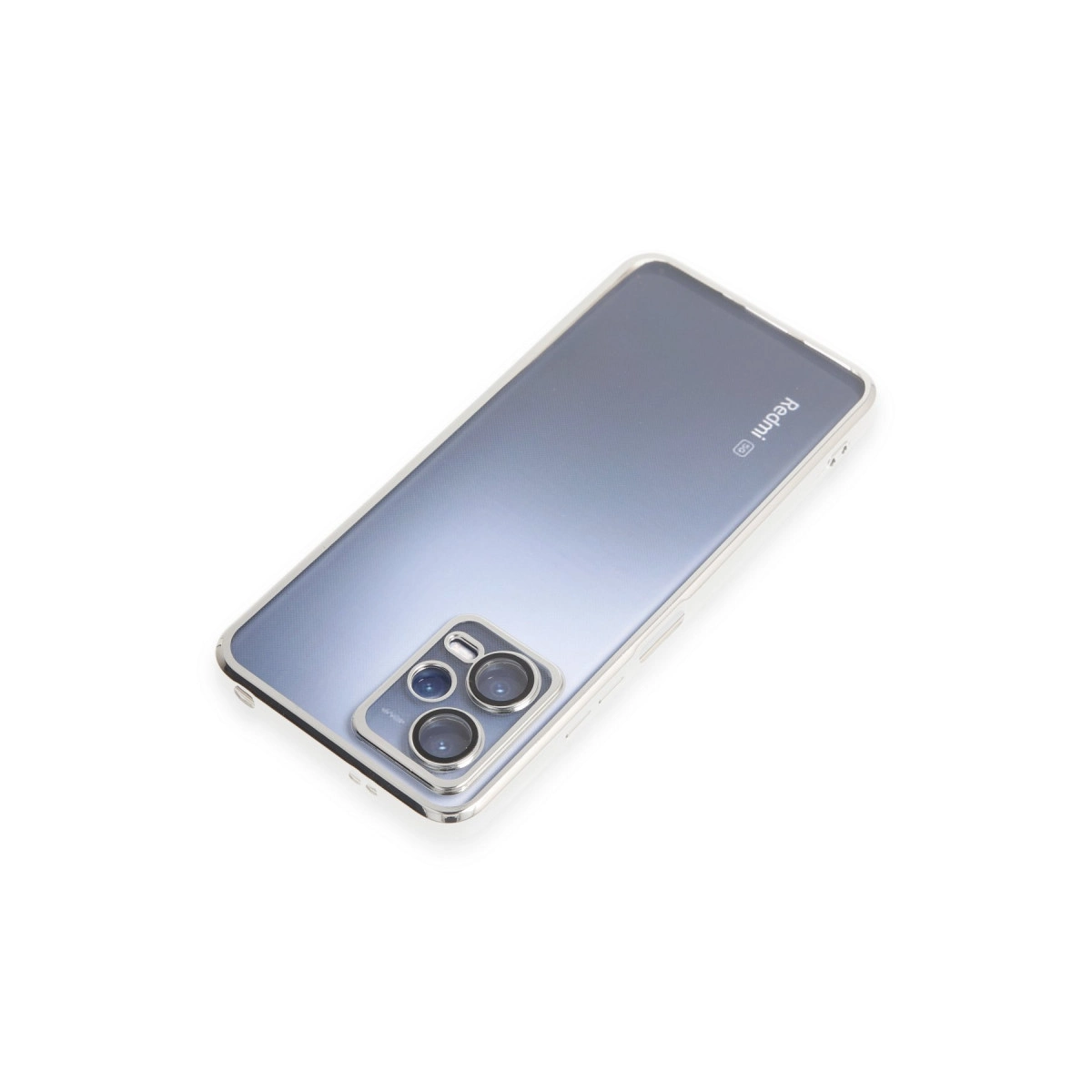 Beyaz arka plan üzerinde üç kameralı gri akıllı telefon ve Redmi logosu.