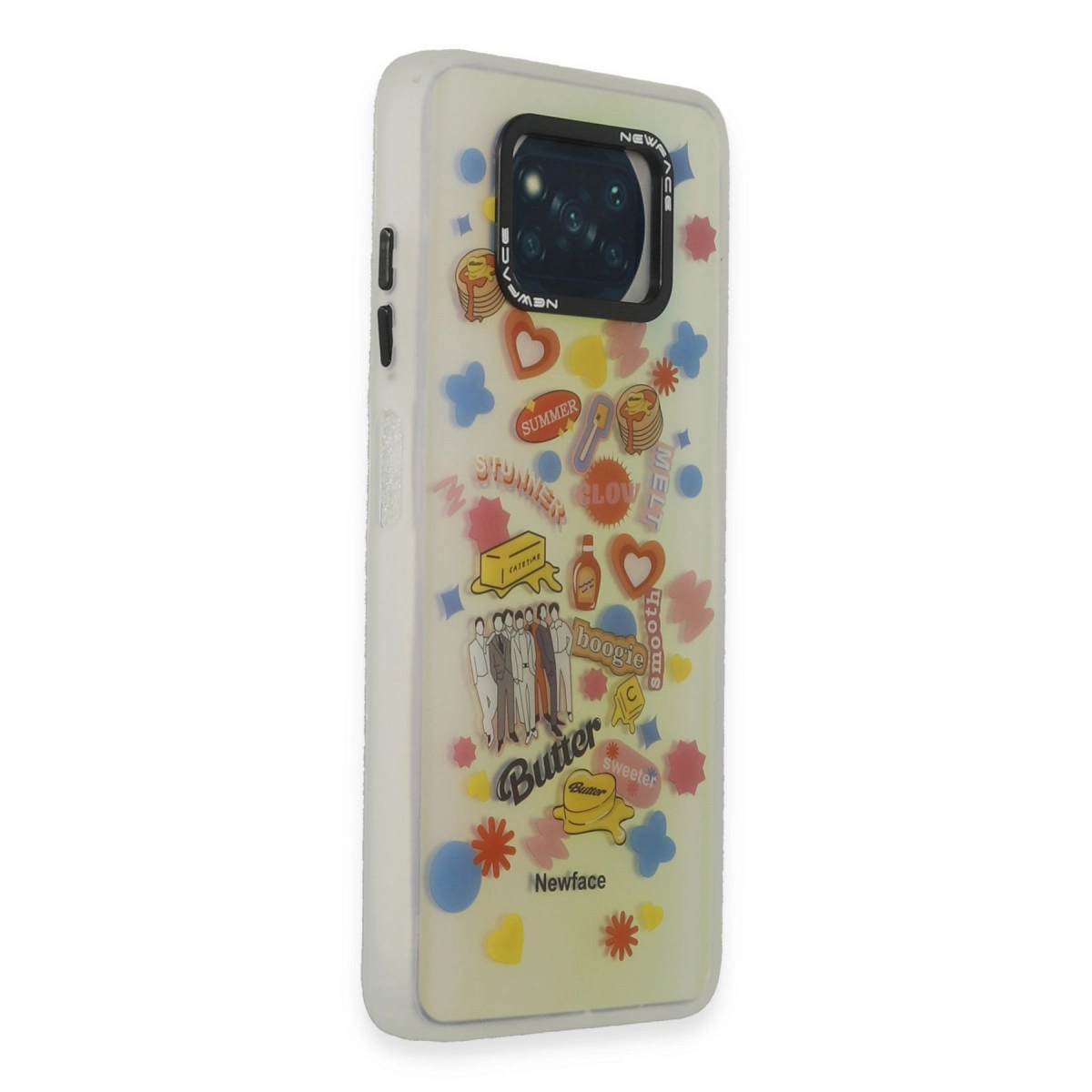 Renkli BTS "Butter" temalı çıkartmalar içeren şeffaf telefon kılıfı.