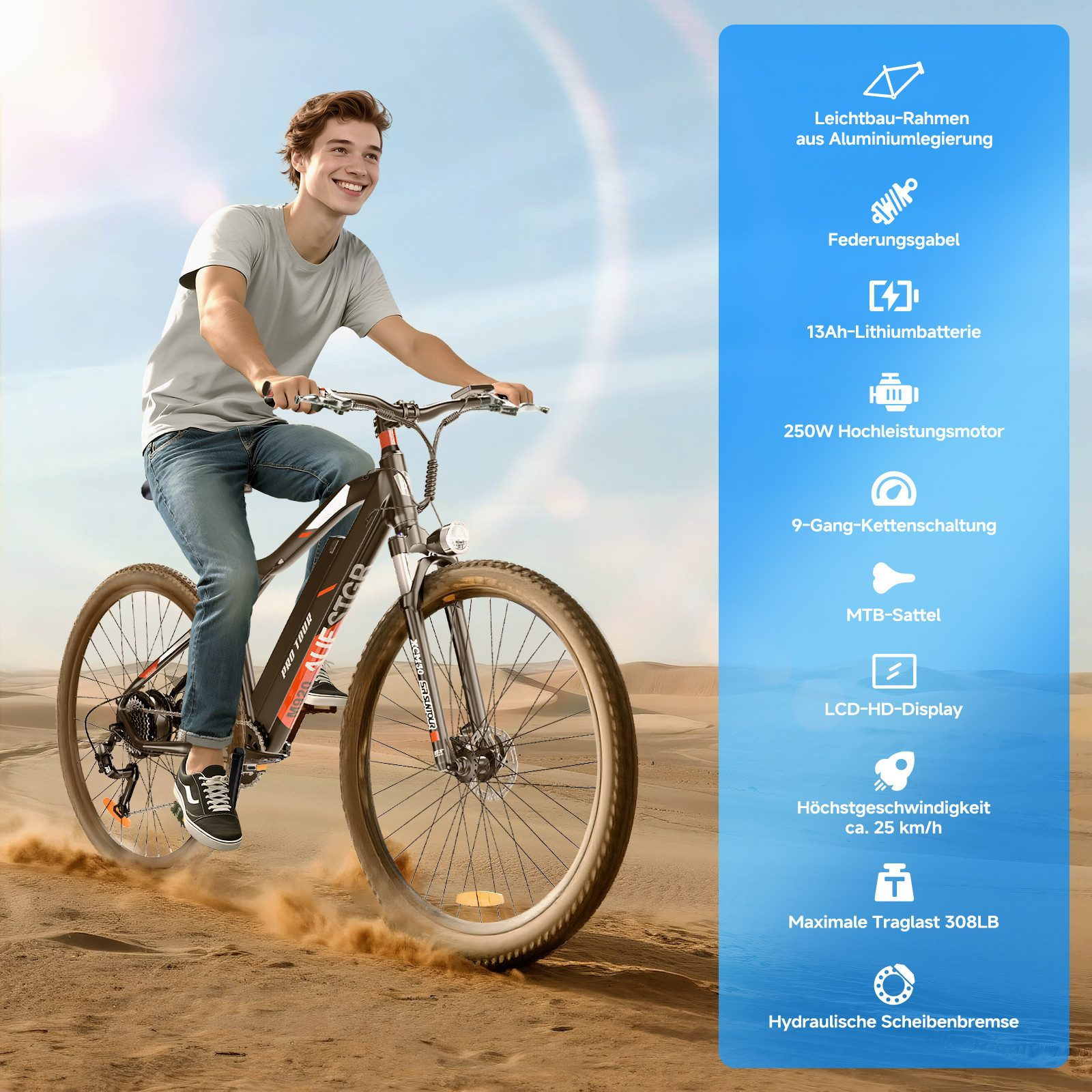 Un uomo guida una e-bike nel deserto. I dati tecnici sono elencati a destra.