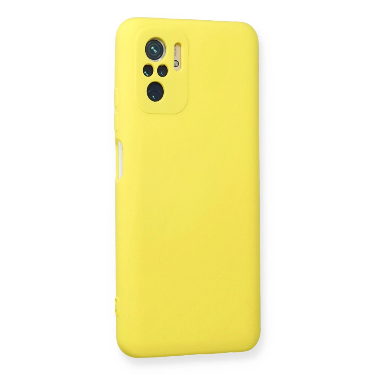 Arkada kamera kesiği olan parlak sarı telefon kılıfı.