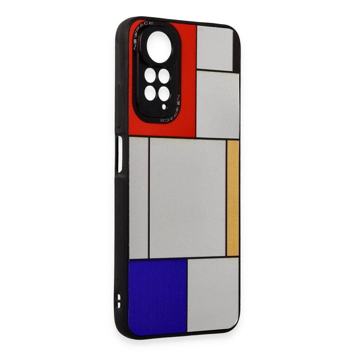 Kırmızı, gri, mavi ve altın renklerde soyut geometrik desenli siyah telefon kılıfı.