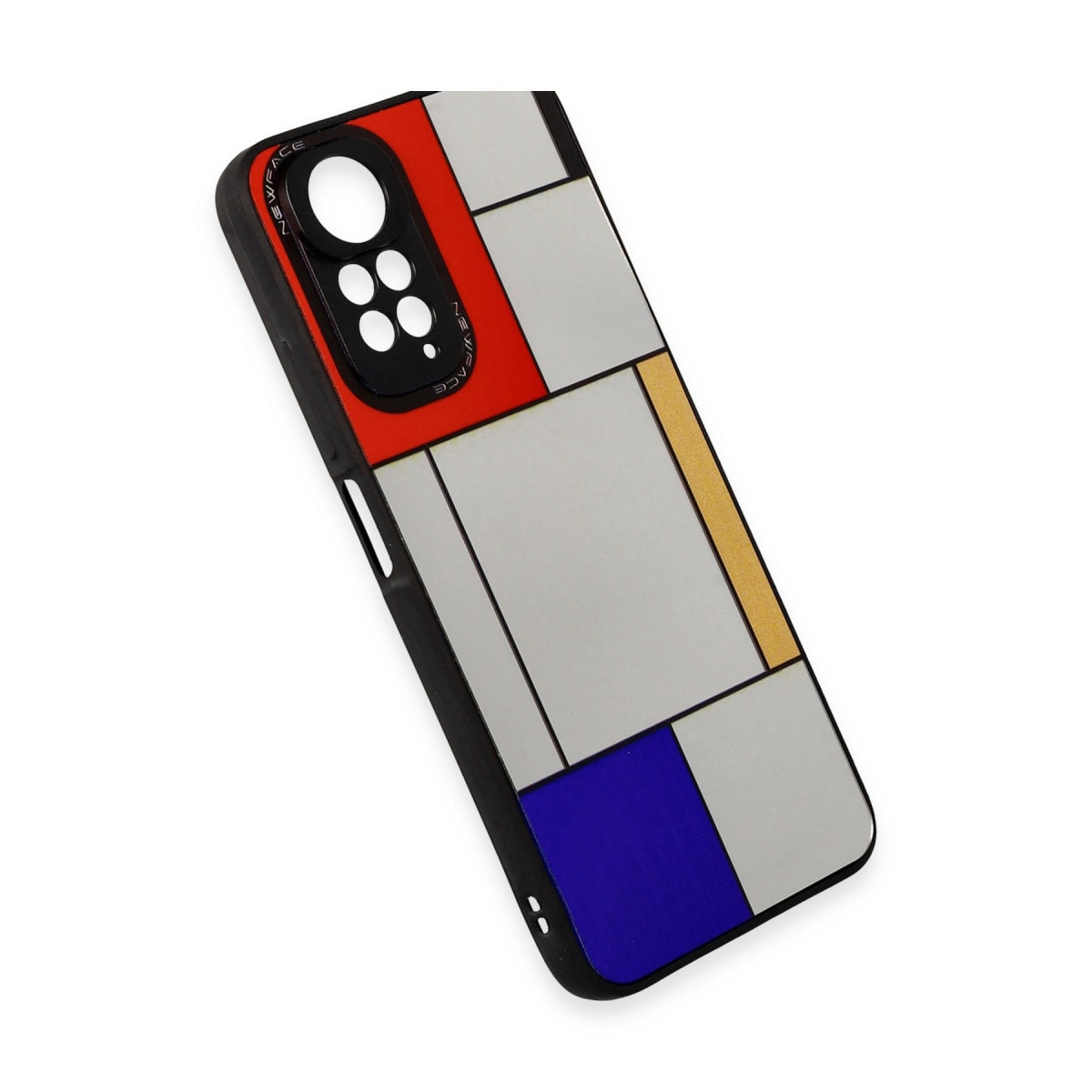 Kırmızı, gri, mavi ve altın renkli geometrik desenli siyah telefon kılıfı.