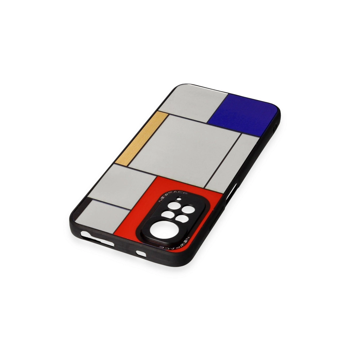 Gri, kırmızı, mavi ve altın renklerinde Mondrian tarzı tasarımlı siyah kılıf.