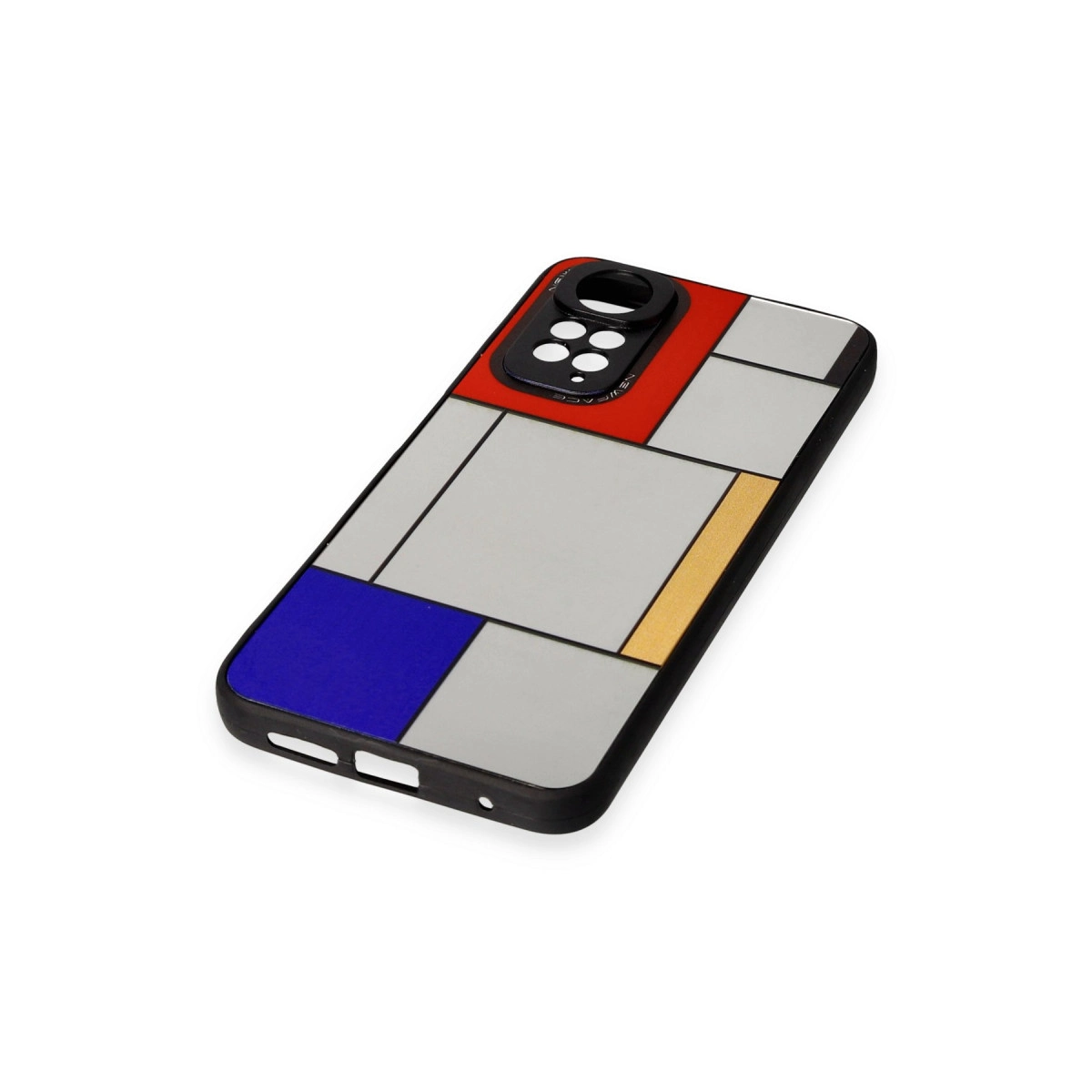Kırmızı, mavi ve gri dikdörtgen bloklarla Mondrian tarzı tasarıma sahip akıllı telefon.