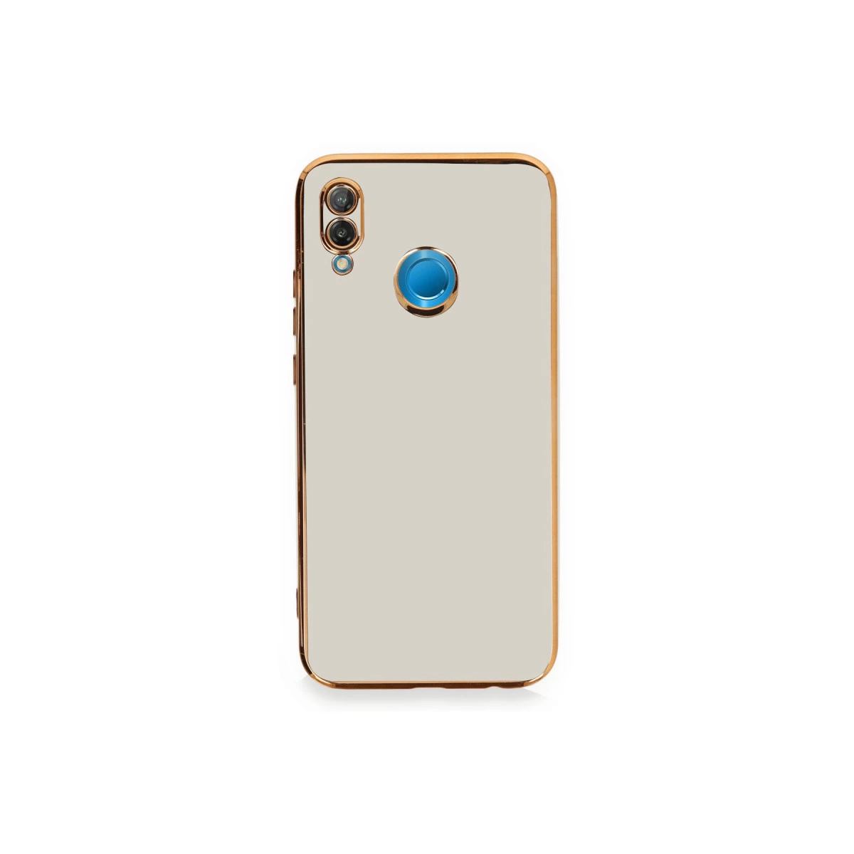 Altın çerçeveli ve mavi süs düğmeli beyaz telefon kılıfı.