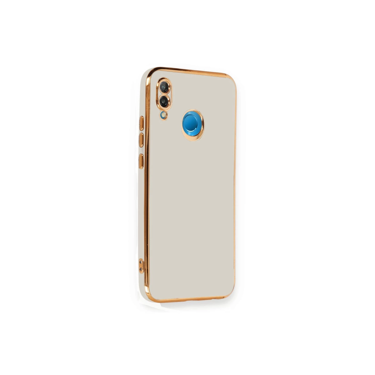 Altın kenarlı, kamera ve mavi merkezli krem rengi telefon kılıfı.