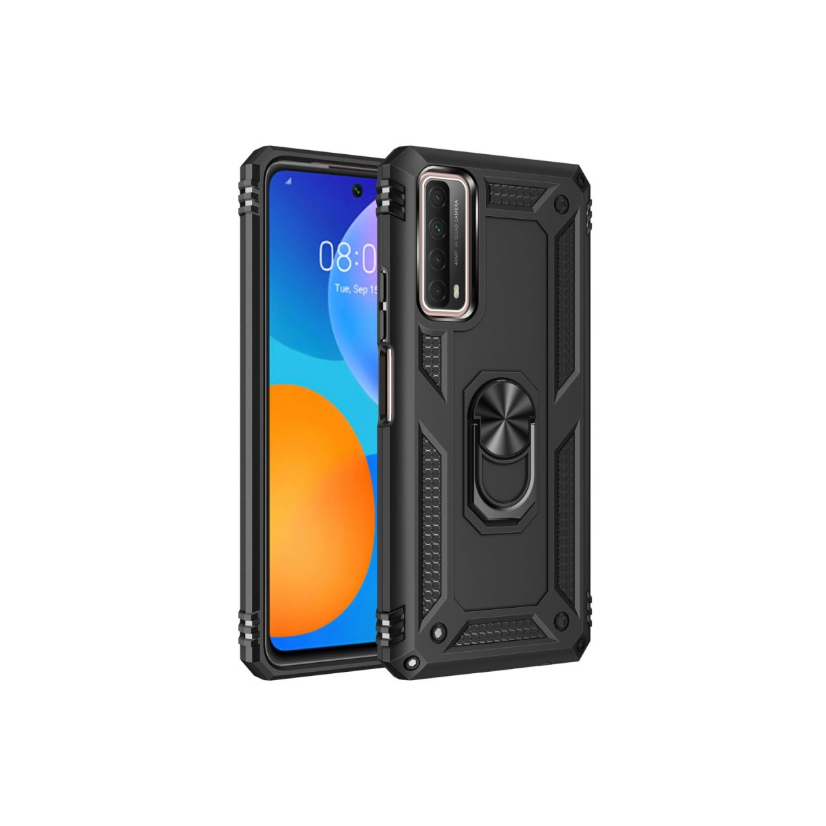 Halka tutuculu ve boş ekranlı koruyucu kılıfta siyah telefon.