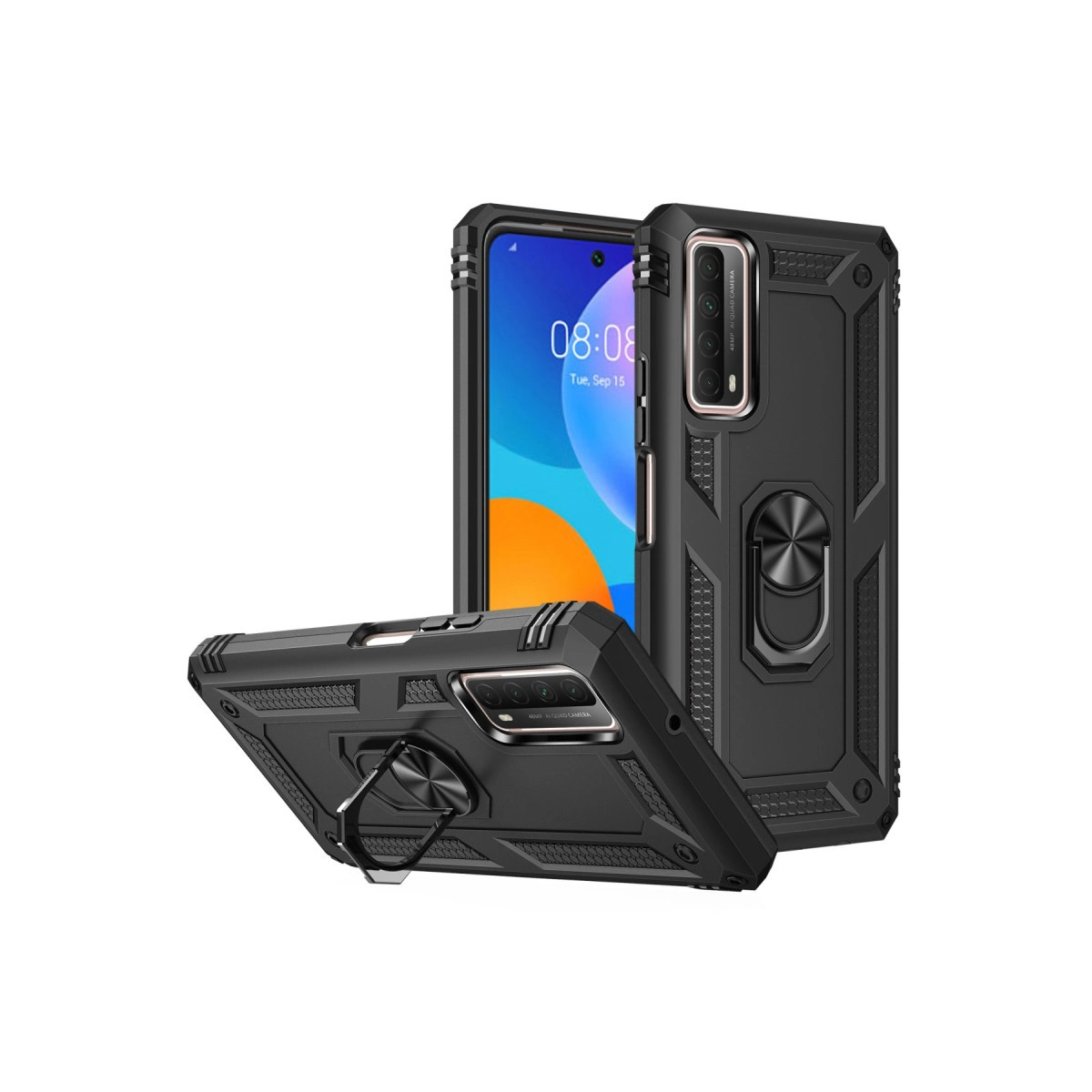 Halka tutuculu iki siyah telefon kılıfı, biri dik, biri yan yatırılmış.