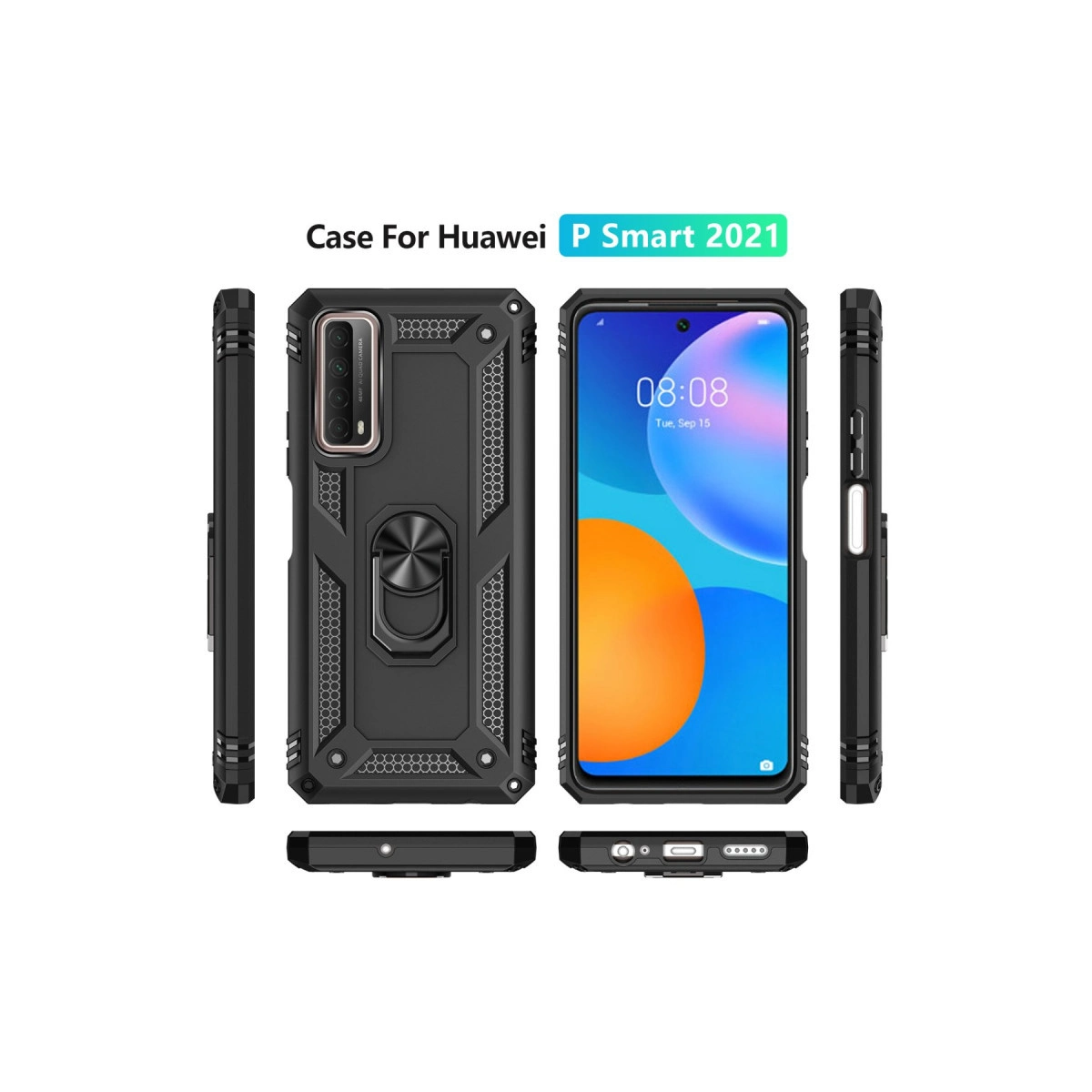 Huawei P Smart 2021 için halka tutuculu siyah telefon kılıfı.